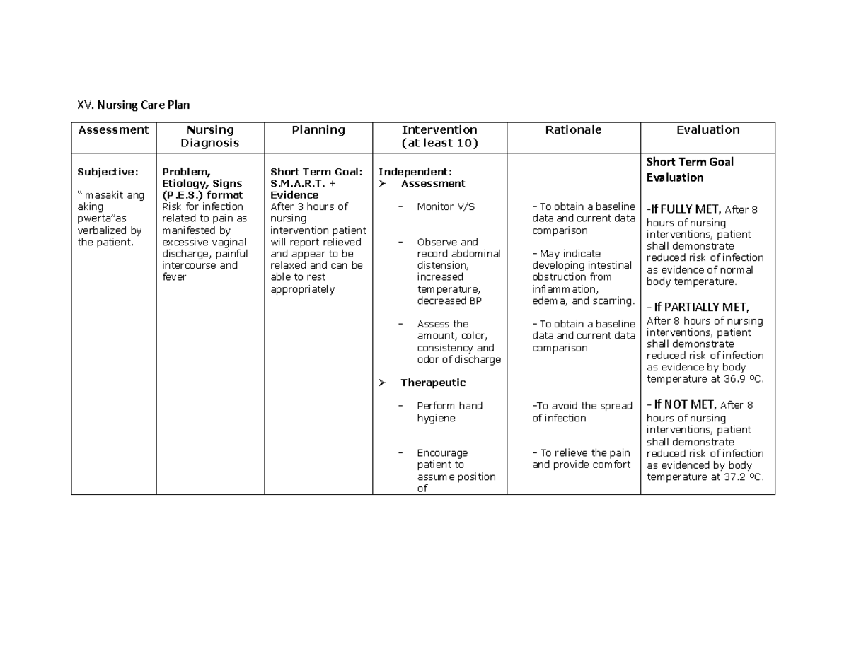 Nursing Care Plan It Is All About The Pain In Vaginal Xv Nursing Care Plan Assessment