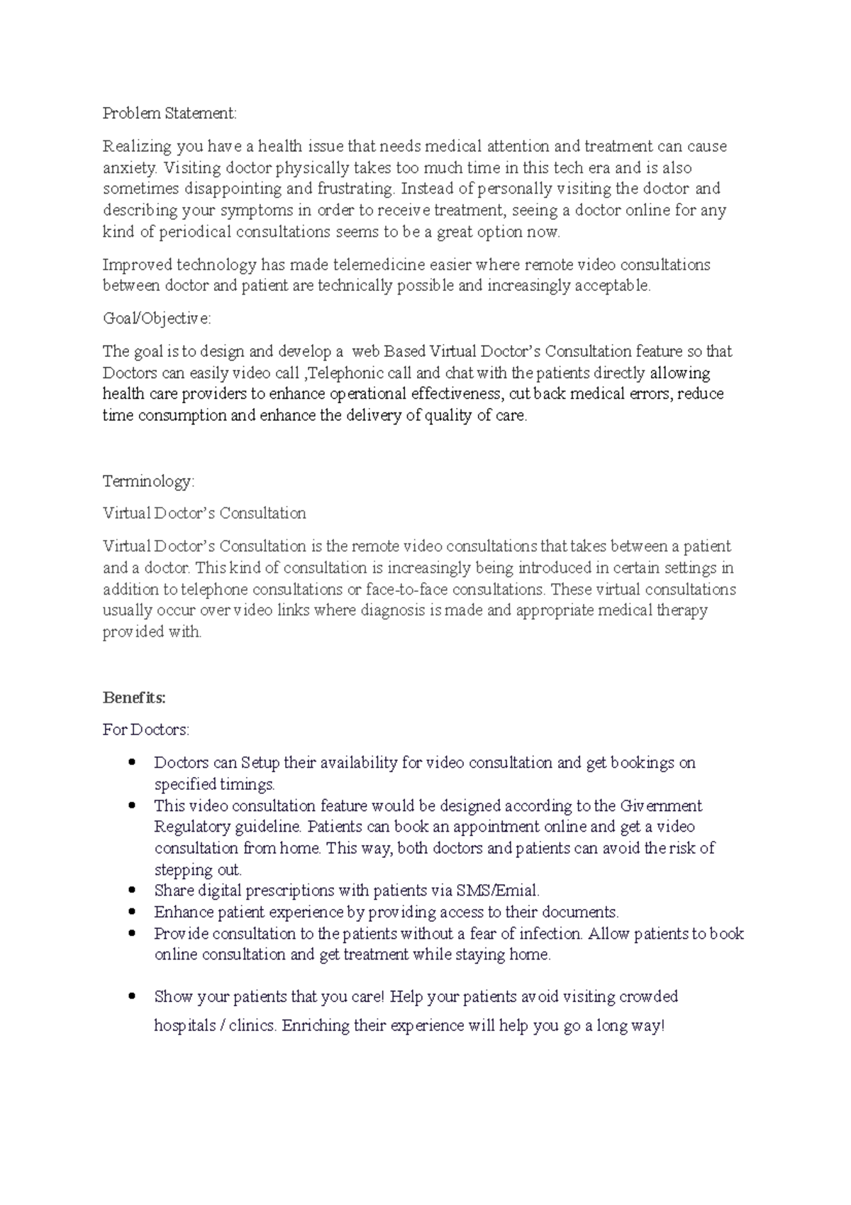 Problem Statementvirtual patient appointment feature SRS - Problem ...