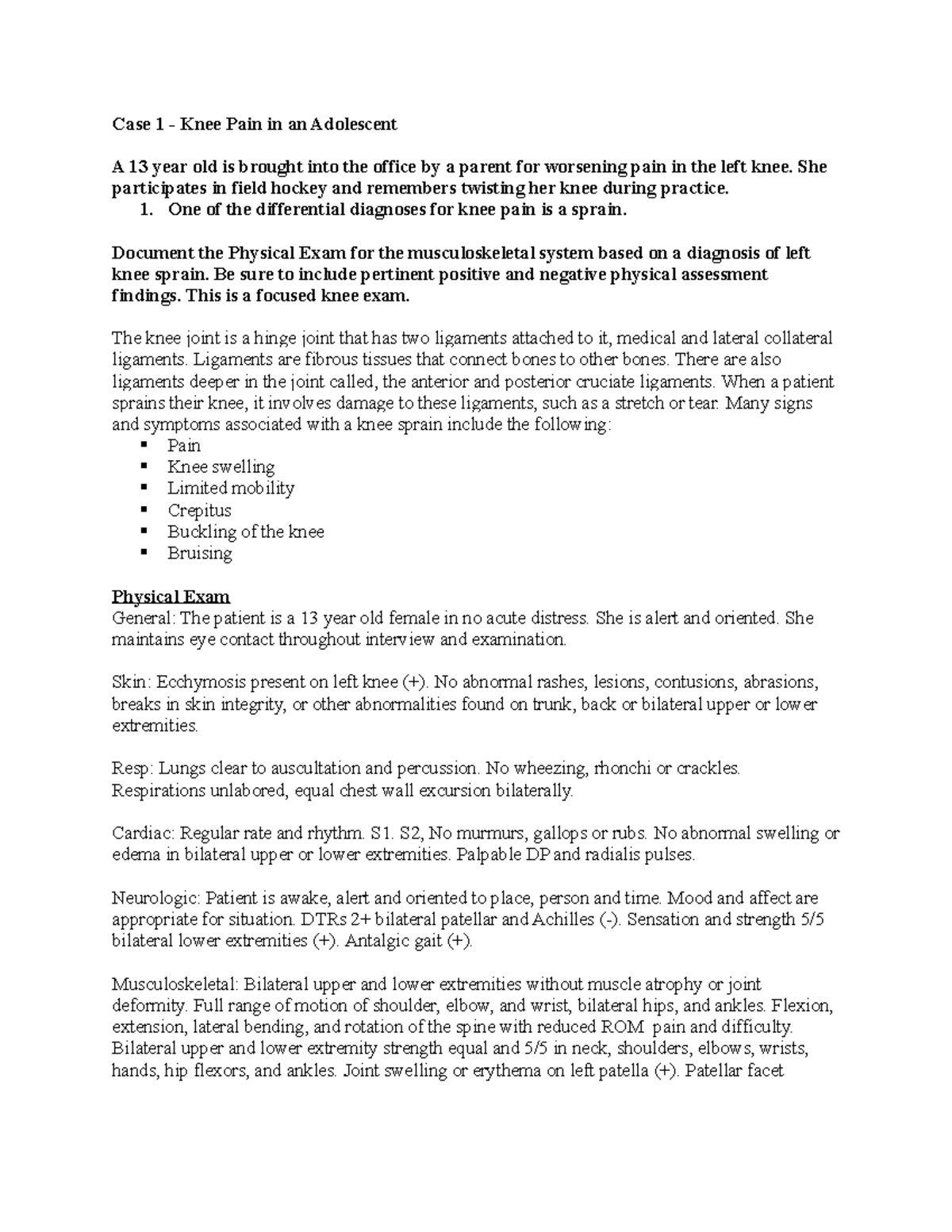 HA DB 5 Discussion board Case 1 Knee Pain in an Adolescent A 13