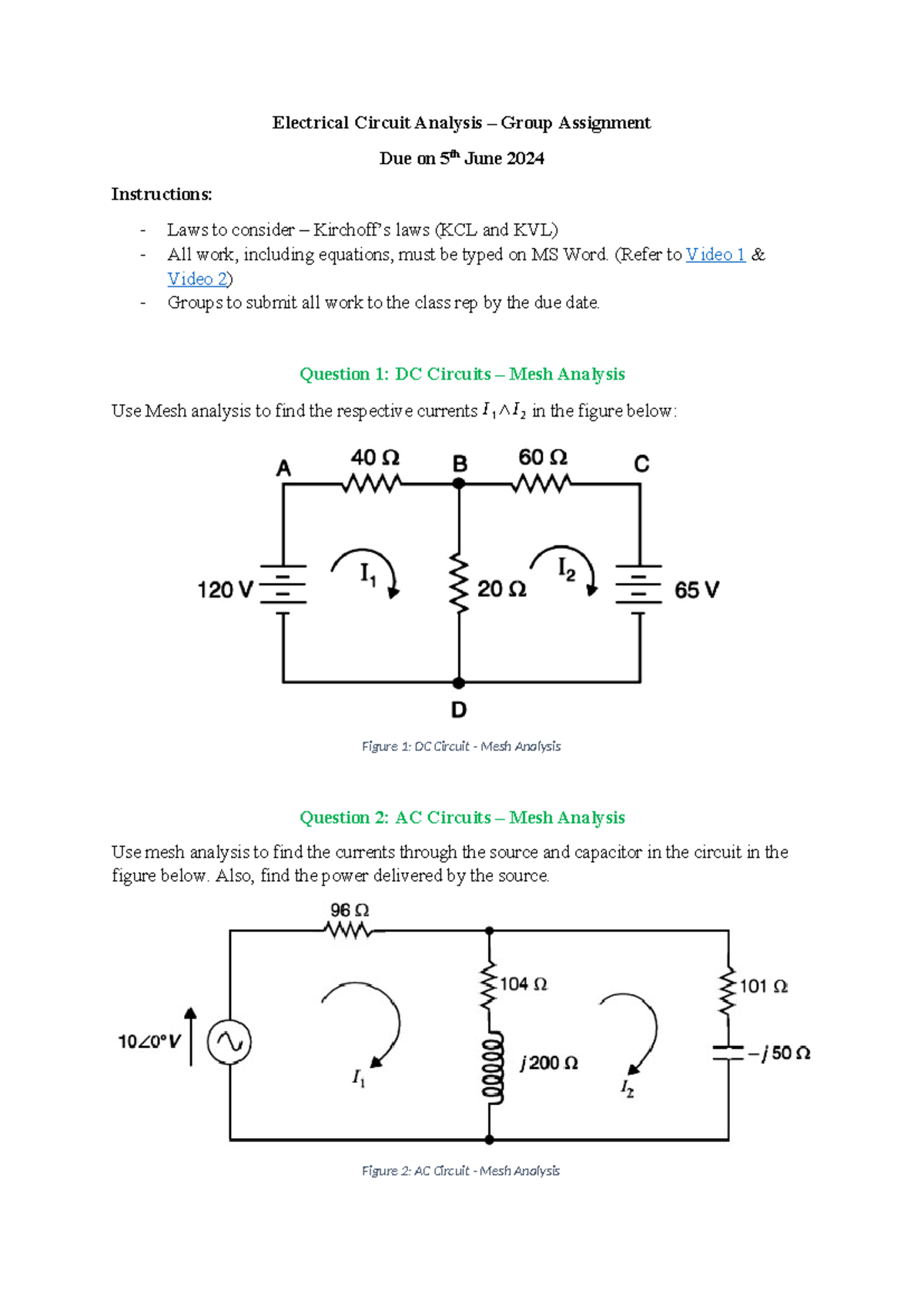Electrical Circuit Analysis - Group Assignment - (Refer to Video 1 ...