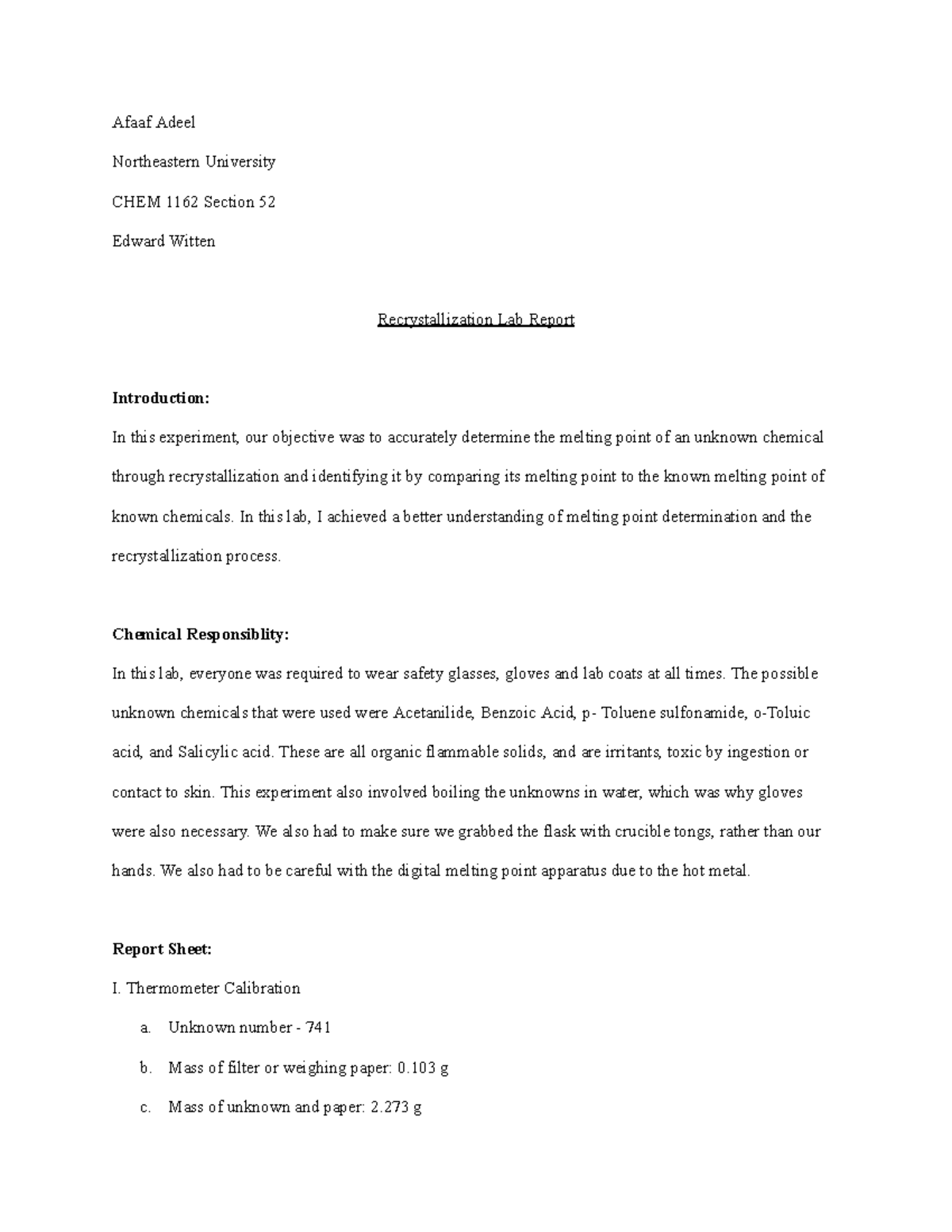 Recrystallization and Melting Point Determination - Lab Report - Afaaf ...