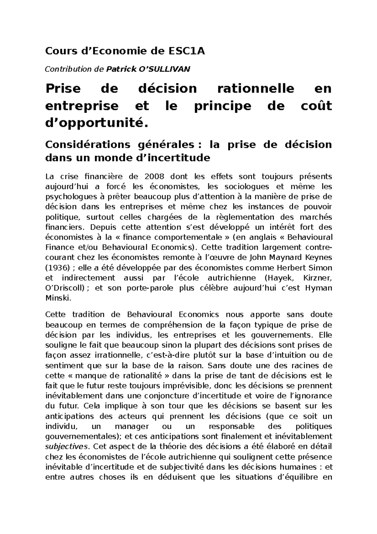 Economie 1A POS Contribution Au Cours - Cours D’Economie De ESC1A ...