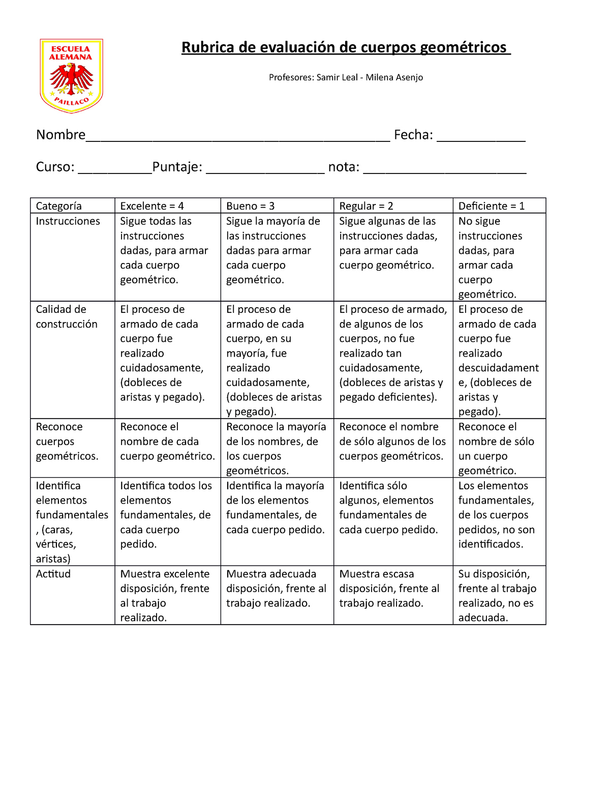 Rubrica 8mo Milena Rubrica De Evaluación De Cuerpos Geométricos Profesores Samir Leal 0152
