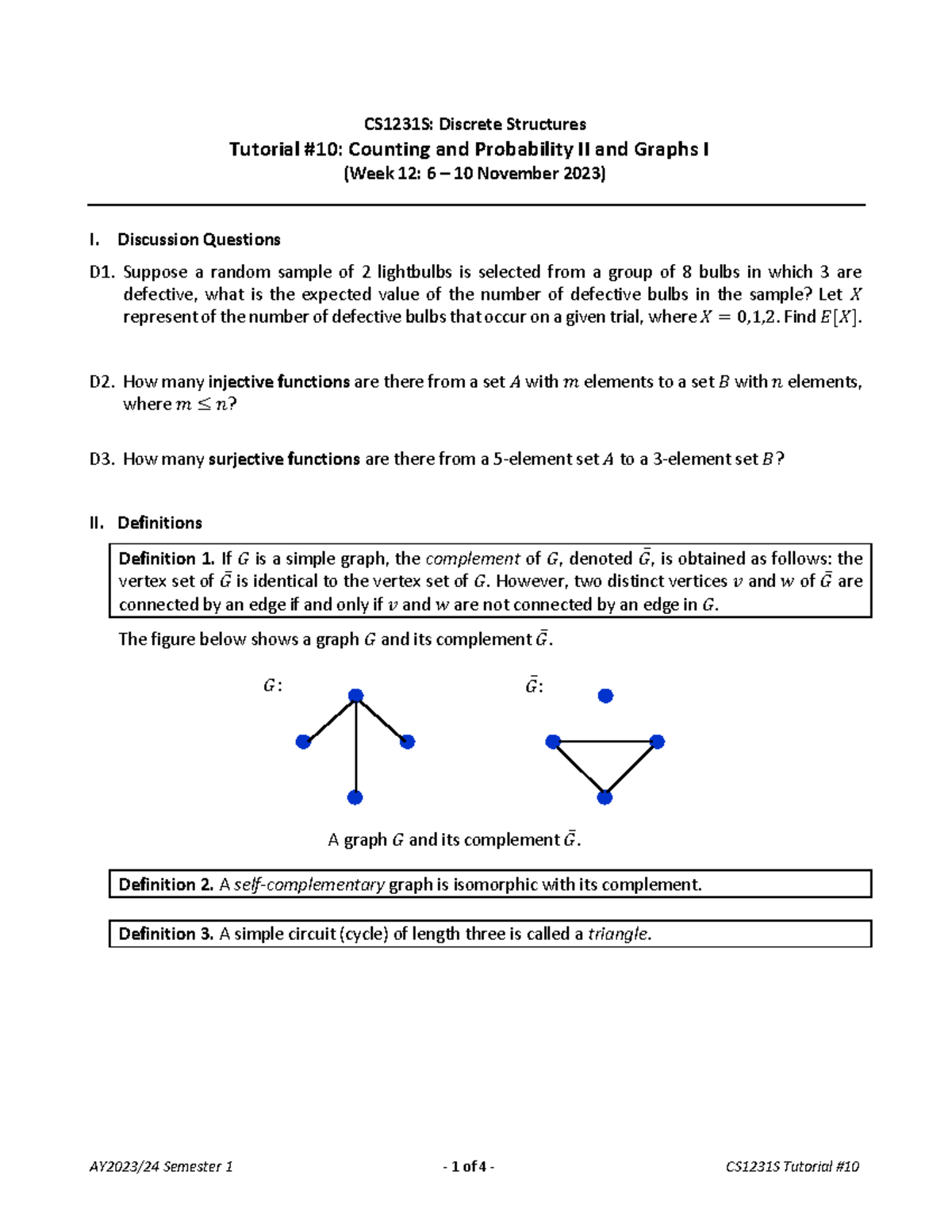 Tut10qns - CS1231S tutorial 10 questions only - CS1231S: Discrete ...