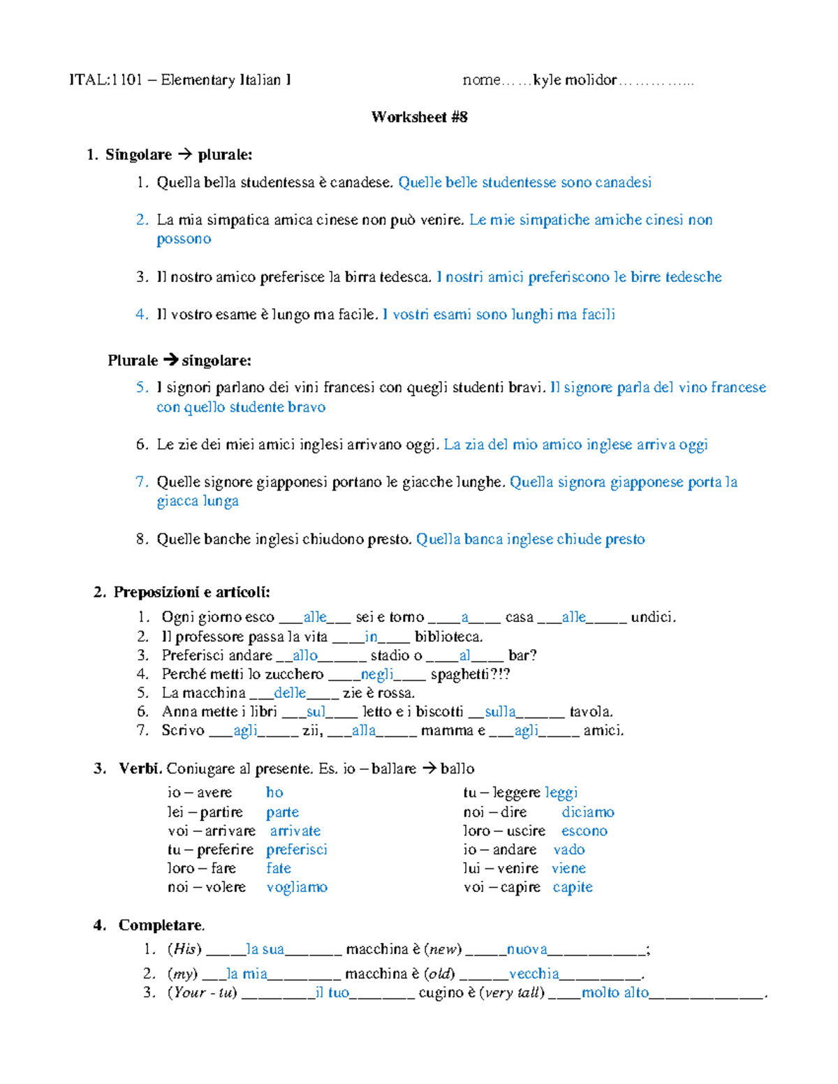 Worksheet 8 - this is the hw - ITAL:1101 – Elementary Italian I nome ...