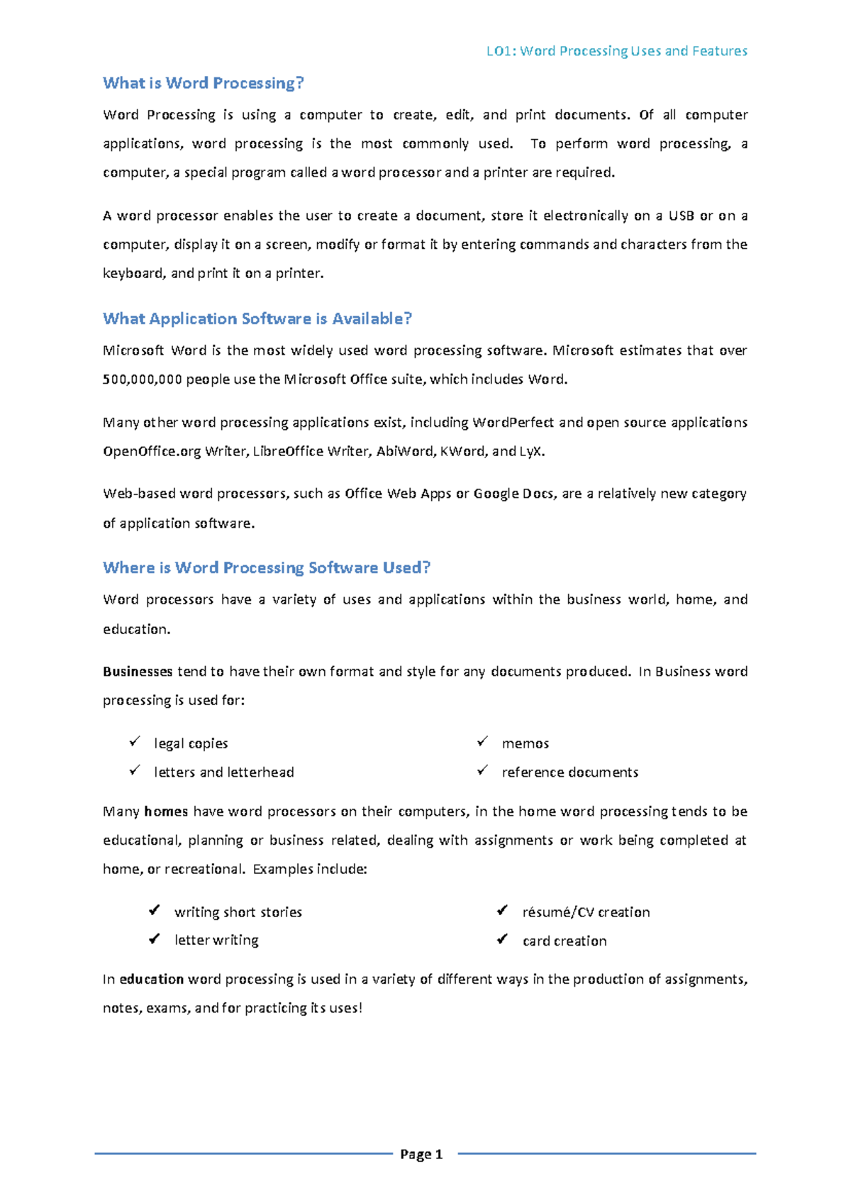 Word processing - Computer - LO1: Word Processing Uses and Features ...