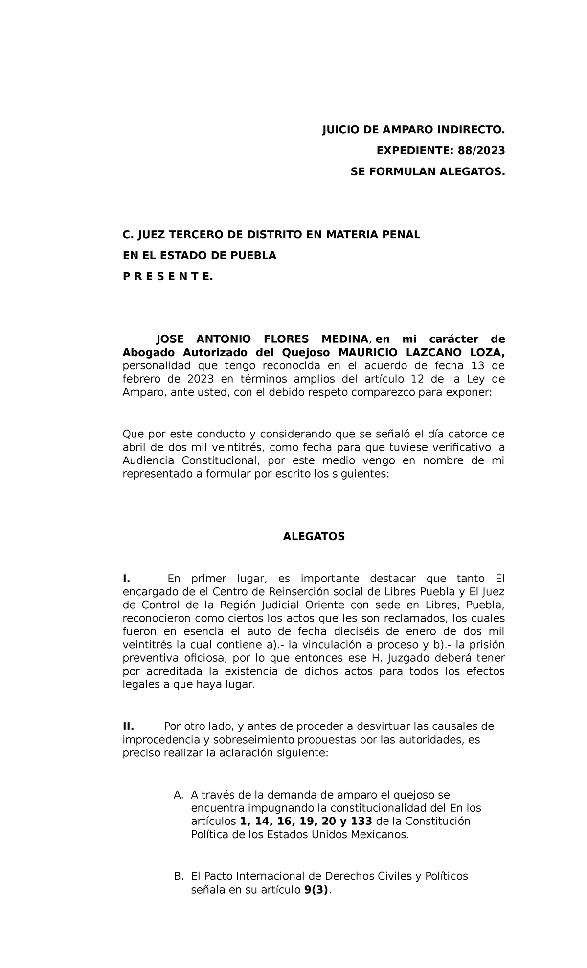 Alegatos constitucionales - JUICIO DE AMPARO INDIRECTO. EXPEDIENTE: 88/ SE  FORMULAN ALEGATOS. C. - Studocu