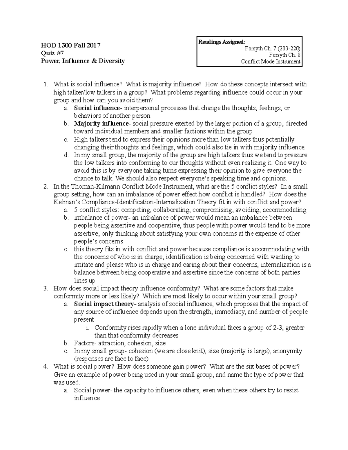 Quiz 7 Leslie Kirby HOD 1300 Fall 2017 Quiz 7 Power, Influence