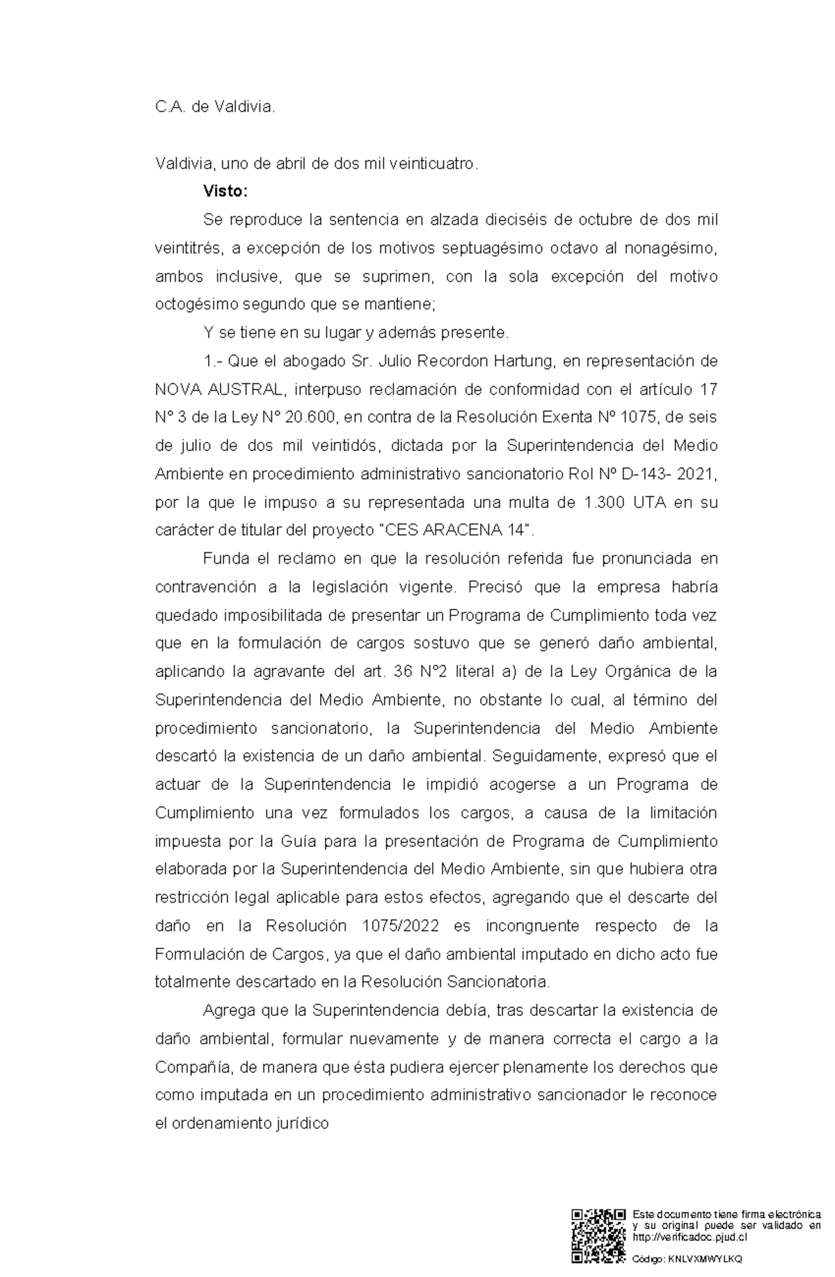 9-2023. Sentencia. Revoca - C. de Valdivia. Valdivia, uno de abril de