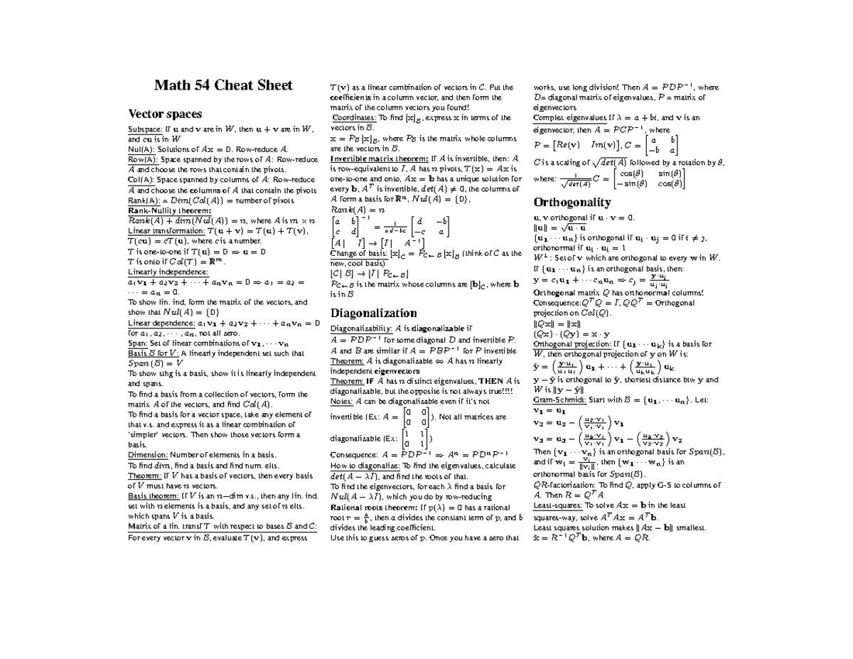 Cheatsheet linear algebra Math 54 Cheat Sheet Vector spaces Subspace