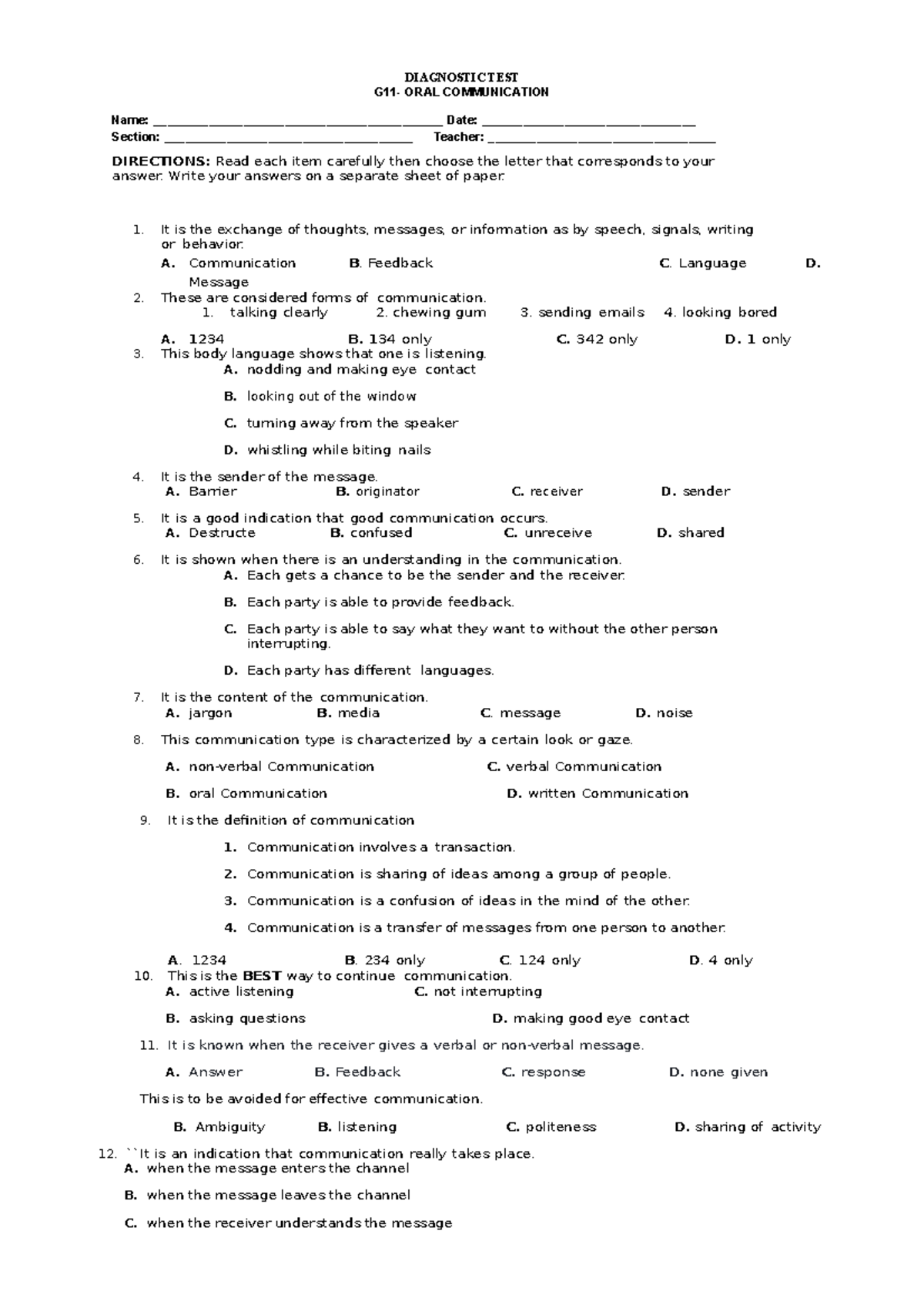 Diagnostic TEST ORAL COMM - DIAGNOSTIC TEST G11- ORAL COMMUNICATION ...