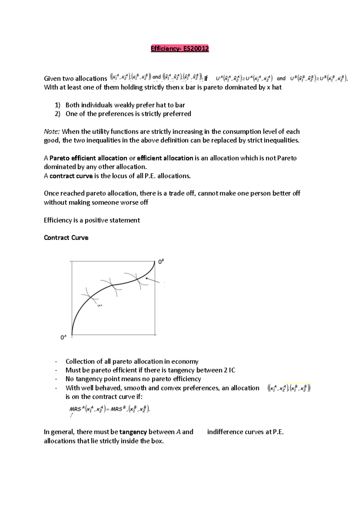 Efficiency and pareto efficiency - Efficiency- ES Given two allocations ...