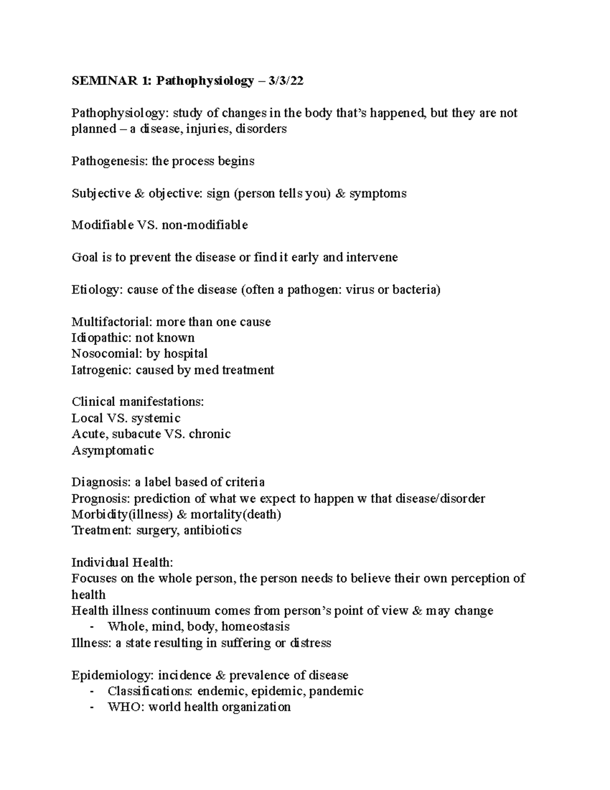 Seminar 1 patho - SEMINAR 1: Pathophysiology – 3/3/ Pathophysiology ...