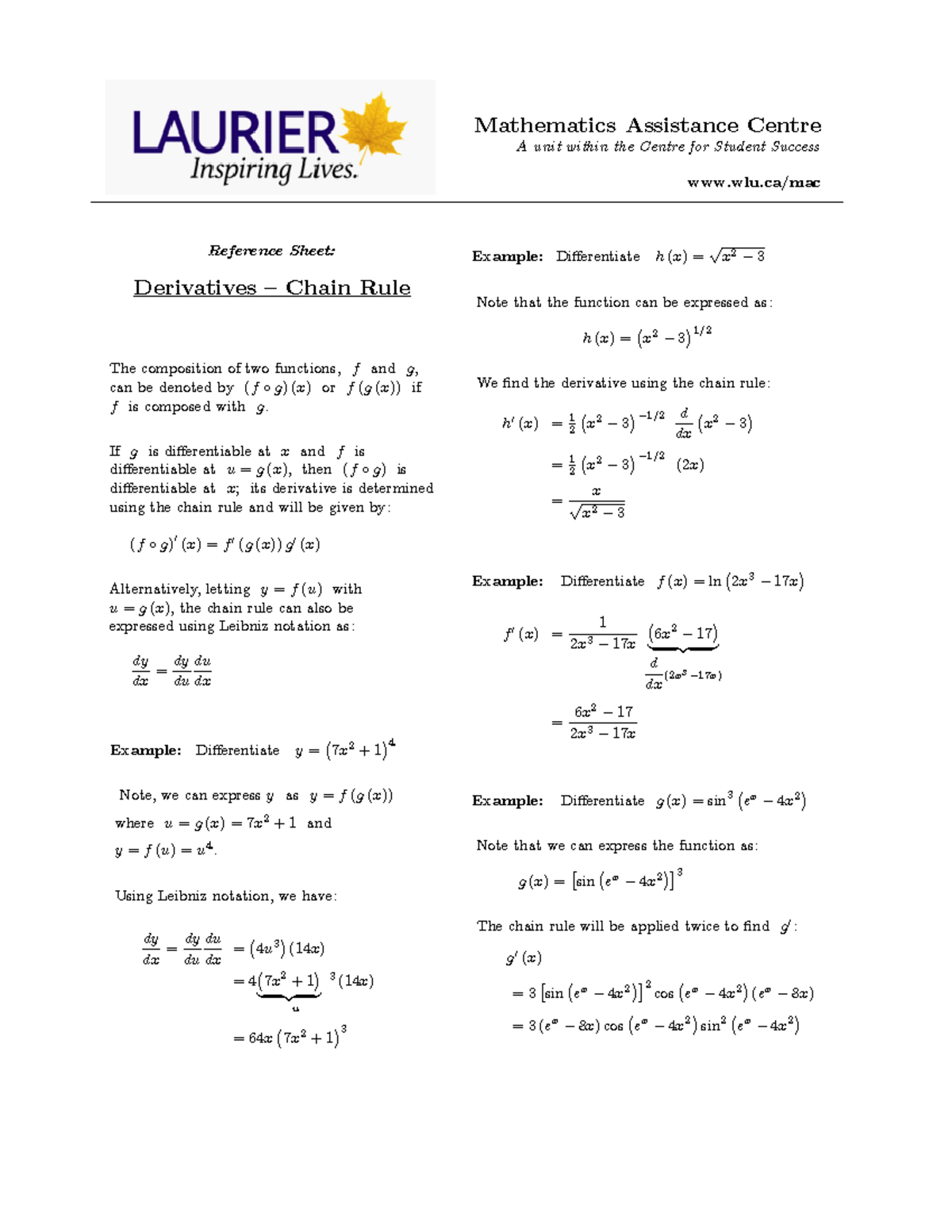 Chain Rule - Ma102 - Mathematics Assistance Centre A Unit Within The ...