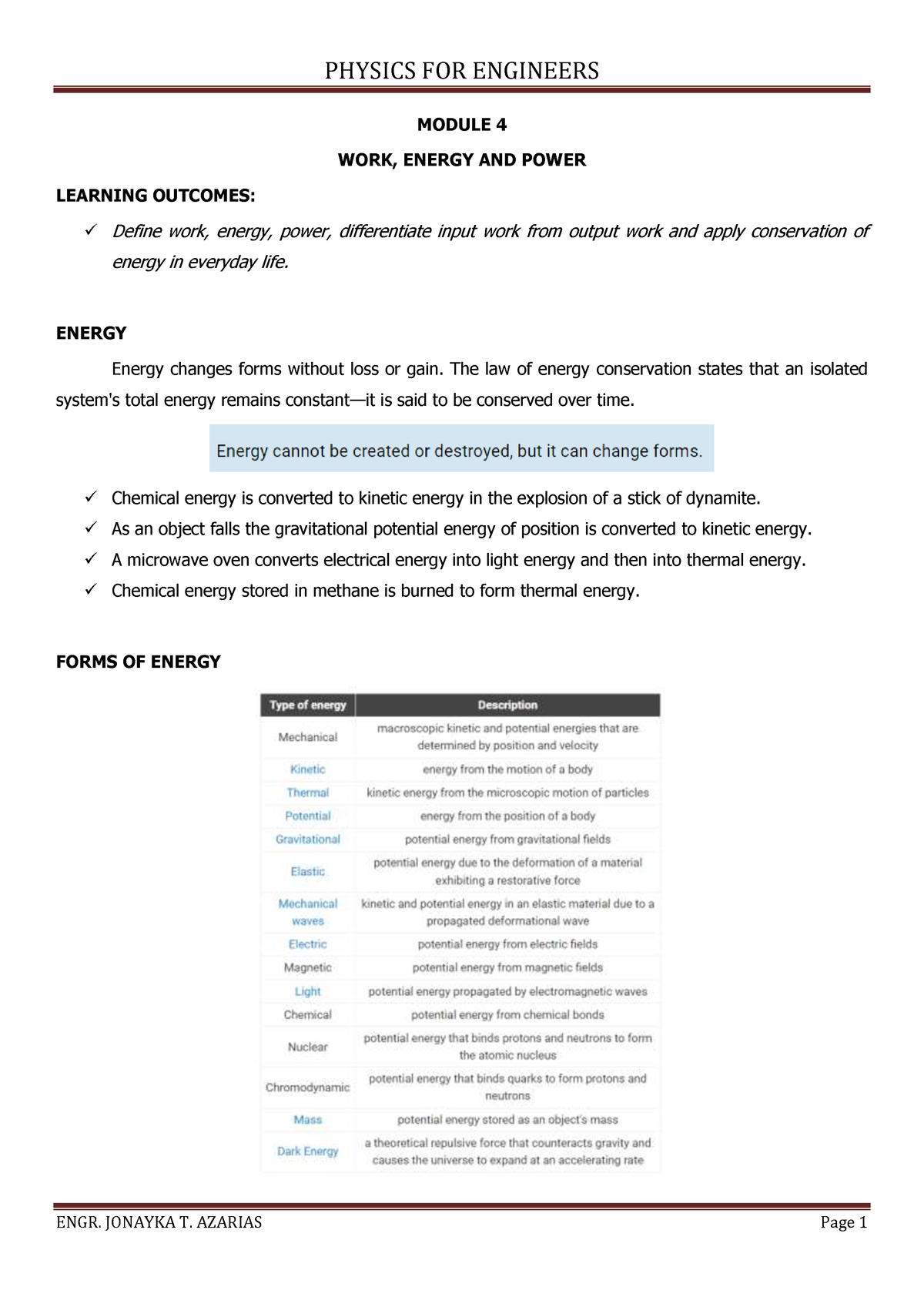 4.1 - WORK, Energy AND Power - PHYSICS FOR ENGINEERS ENGR. JONAYKA T ...