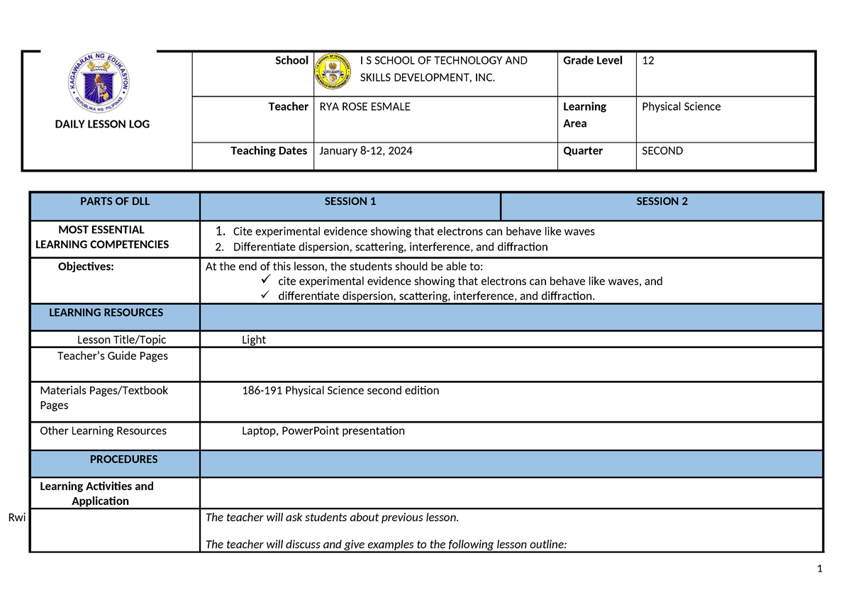 Physical Science DLL Q2 (Week 4) - PARTS OF DLL SESSION 1 SESSION 2 ...