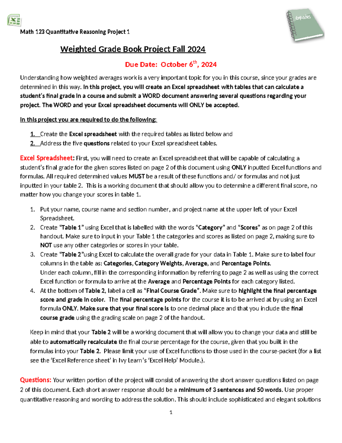 Project 2, Gradebook 2024 - Math 123 Quantitative Reasoning Project 1 ...
