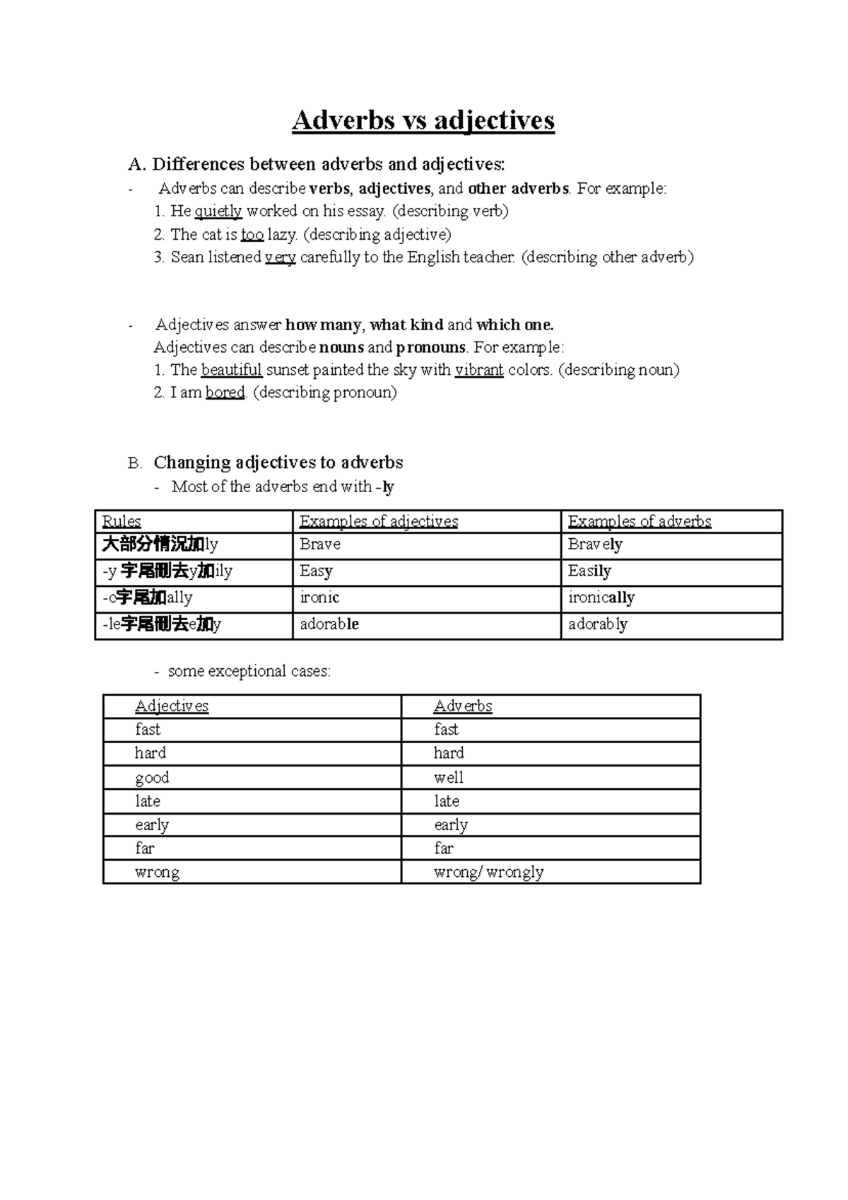 Adverbs vs adjectives print - Adverbs vs adjectives A. Differences ...