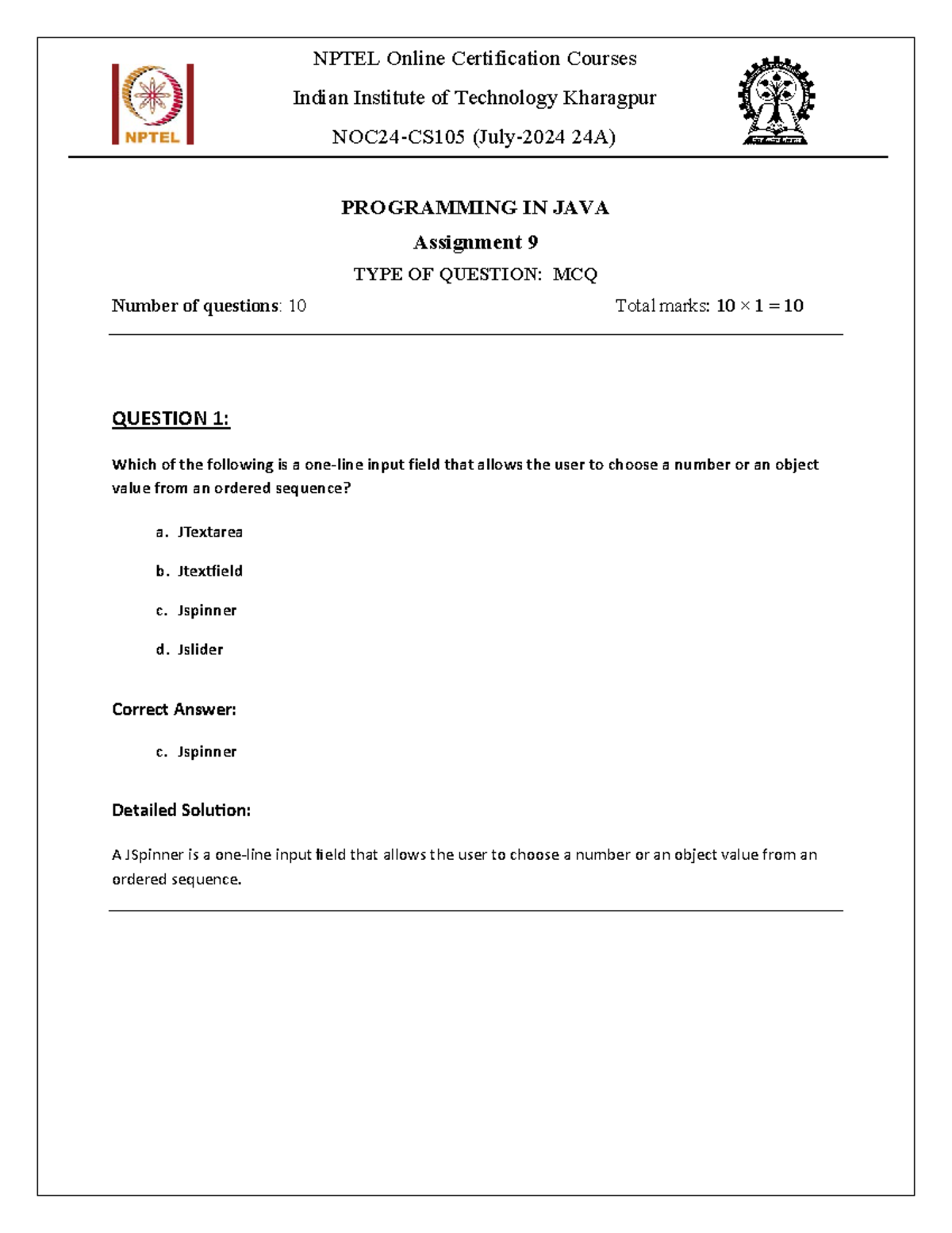 24A - W09 - MCQ - Final - Nptel Java in programming - PROGRAMMING IN ...