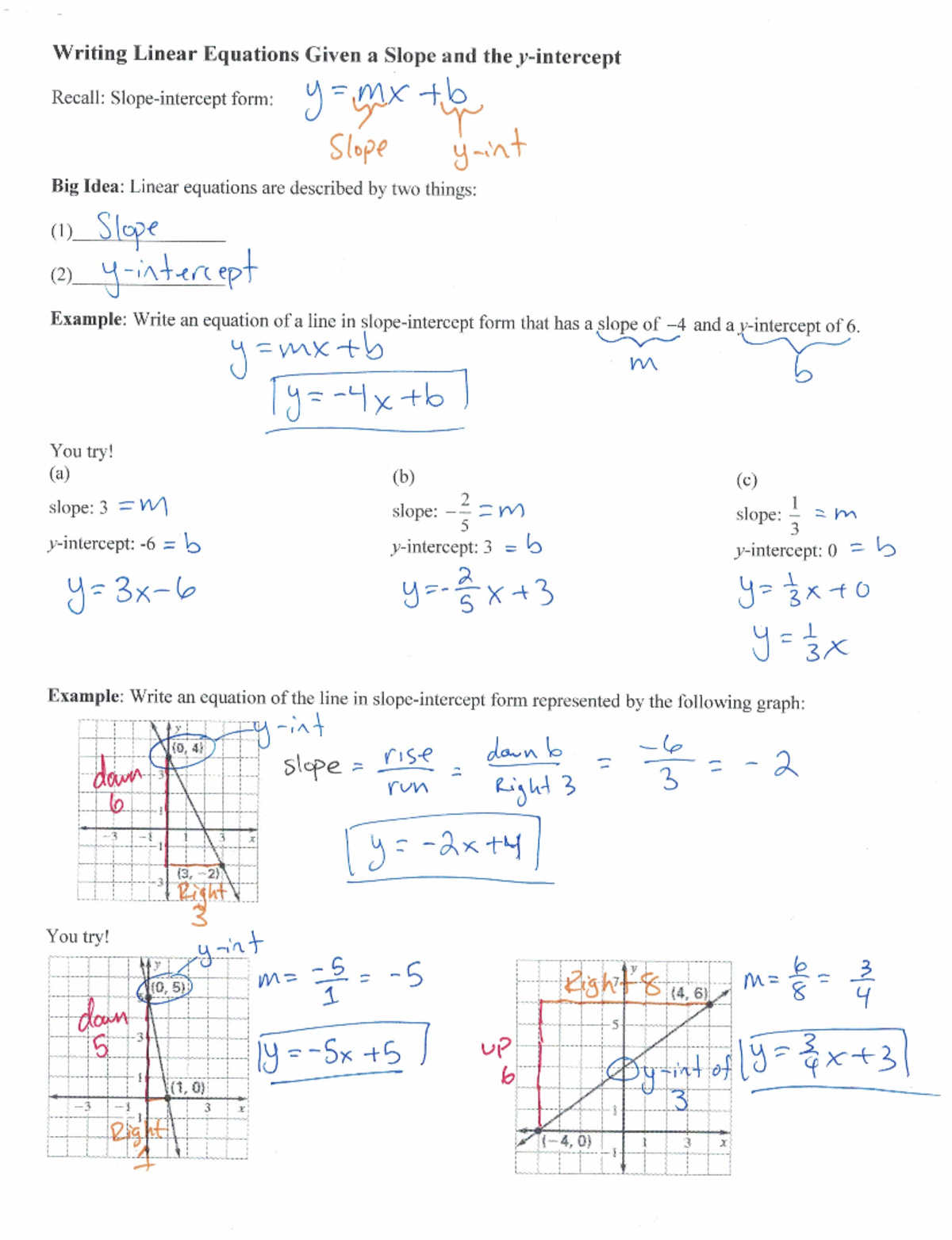 09-23-16. Writing Equation given slope and y intercept Completed - Studocu