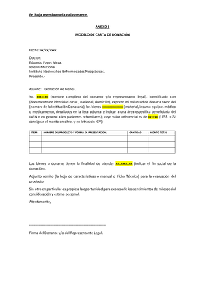 Modelo carta de donacion - En hoja membretada del donante. ANEXO 1 MODELO  DE CARTA DE DONACIÓN - Studocu