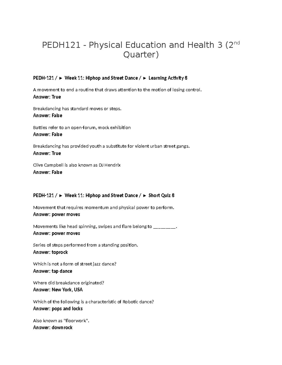 PEDH 121 Answer 2nd Quarter - PEDH121 - Physical Education And Health 3 ...