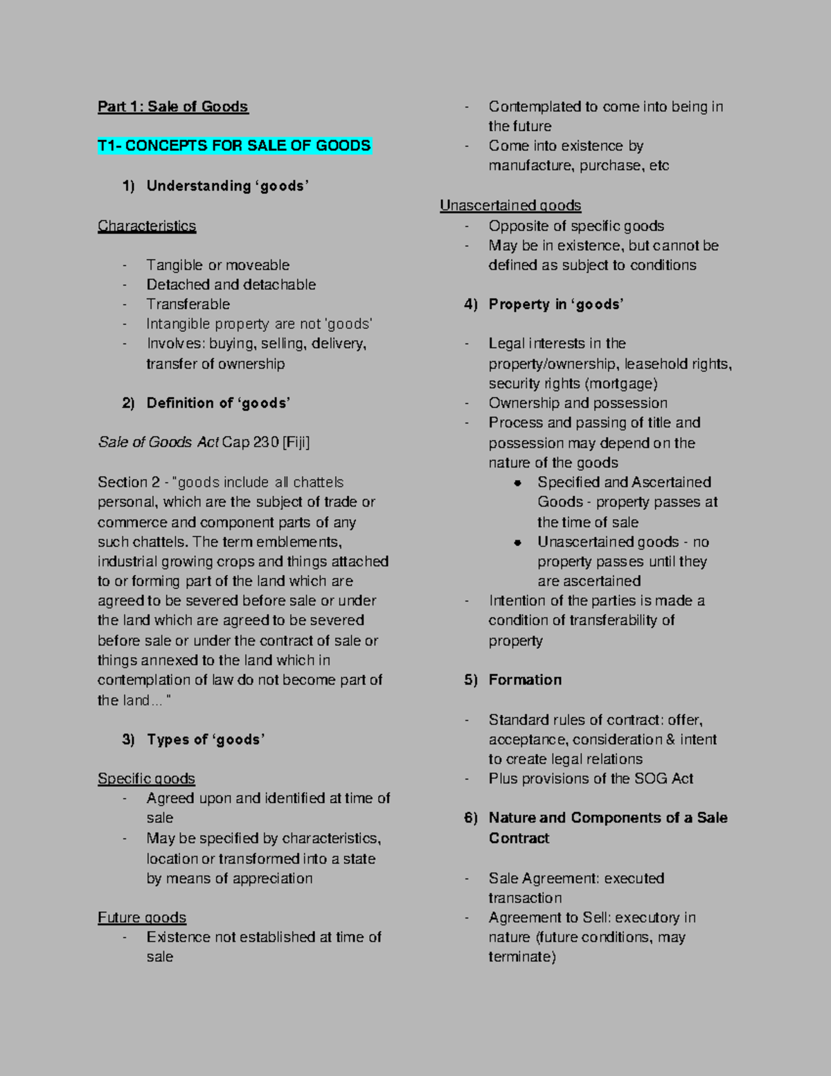 LW372 Part 1 Summary - Part 1: Sale of Goods T1- CONCEPTS FOR SALE OF ...