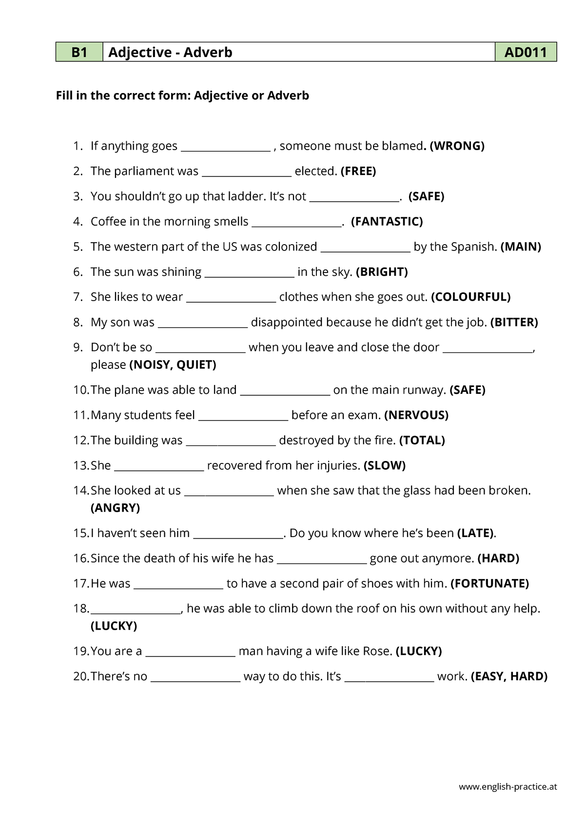 Adjective Or Adverb PDF Grammar Worksheet English practice B1 