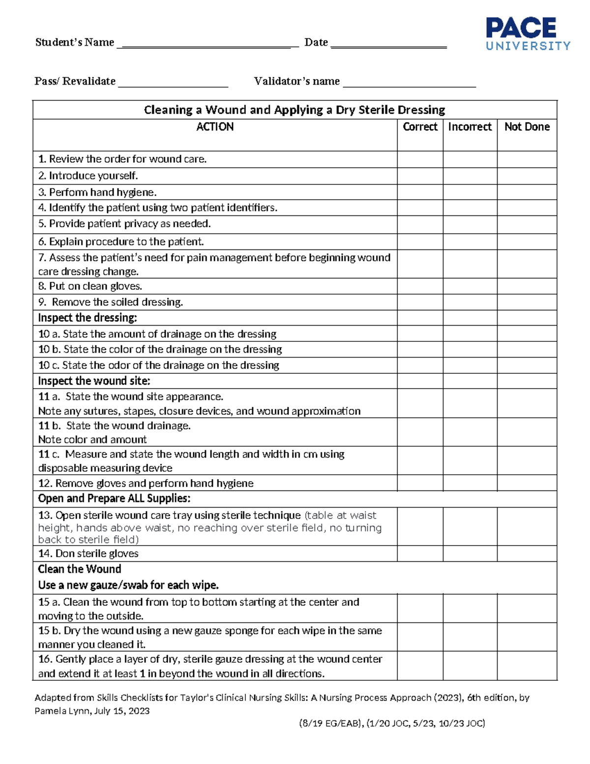 6th ed. Validation Checklist Dry sterile wound dressing 2023 Student