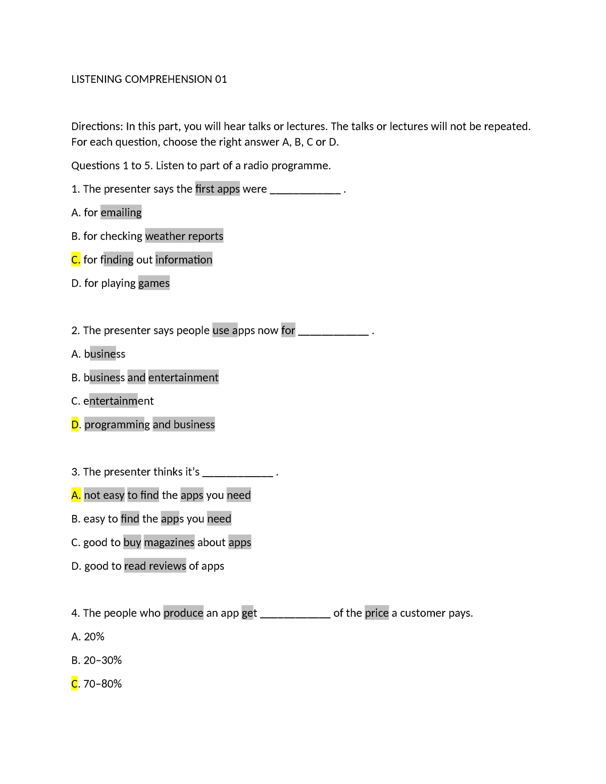 Listening Comprehension 01 - LISTENING COMPREHENSION 01 Directions: In ...