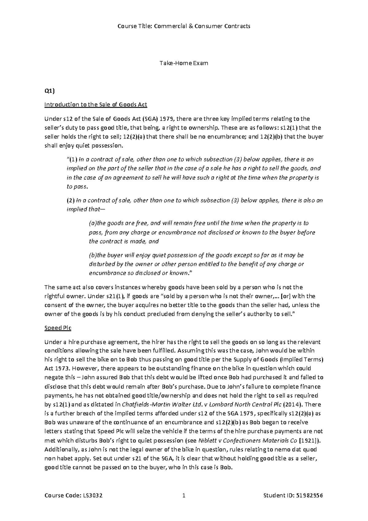 C&CC Exam - C&CC - Take-Home Exam Q1) Introduction to the Sale of Goods ...