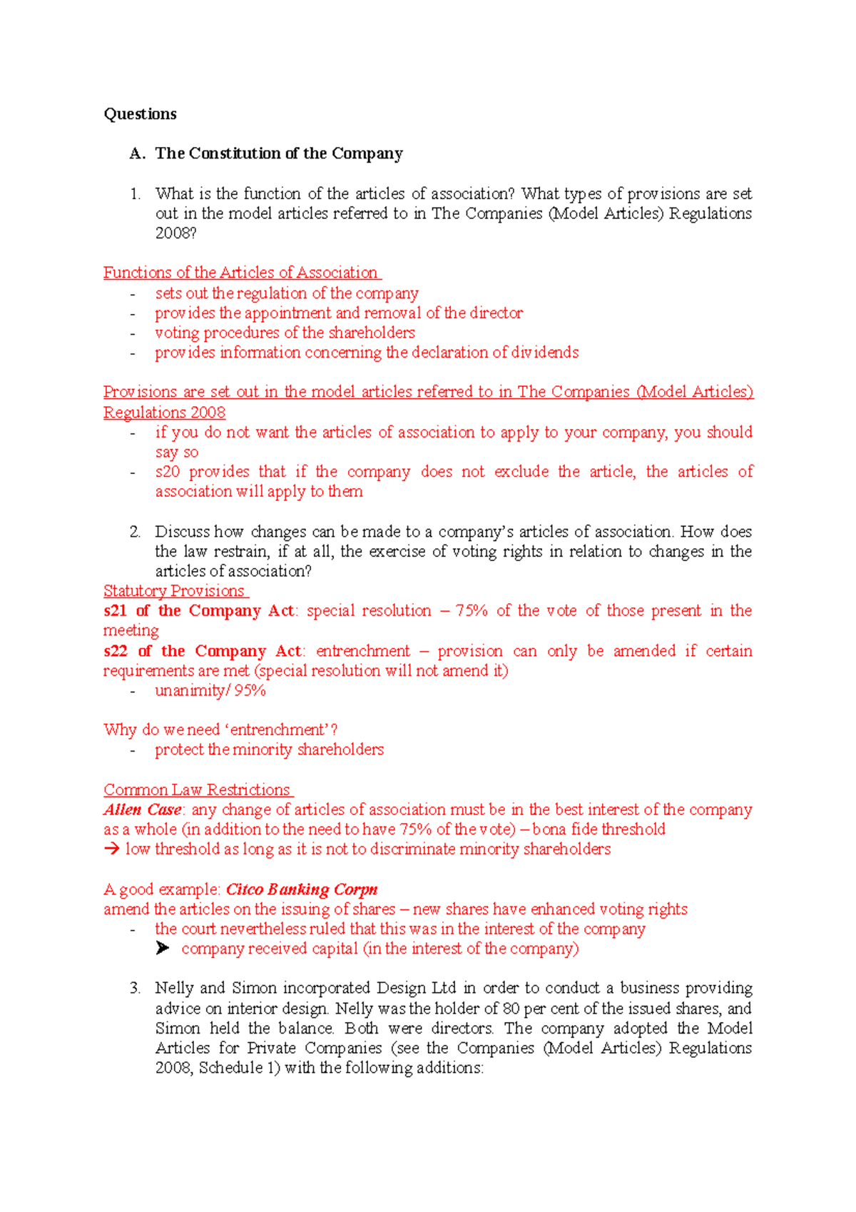 Seminar 2 Questions A. The Constitution of the Company What is the