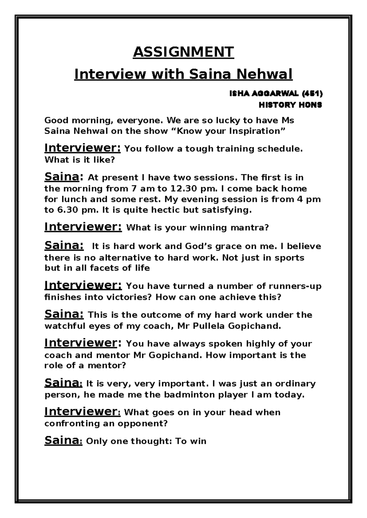 AECC Assignment - ASSIGNMENT Interview with Saina Nehwal ISHA AGGARWAL ...