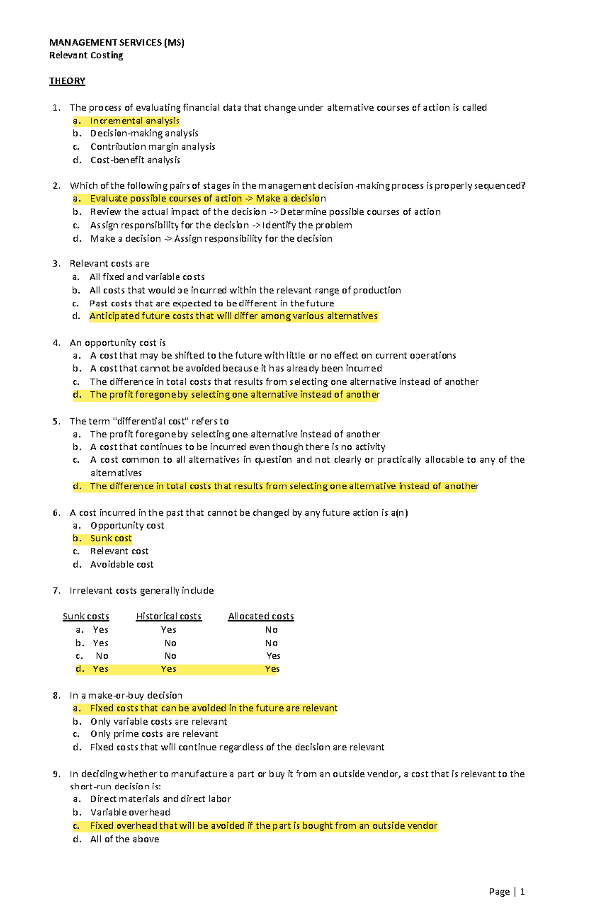 MS Relevant Costing - Notes - MANAGEMENT SERVICES (MS) Relevant Costing ...