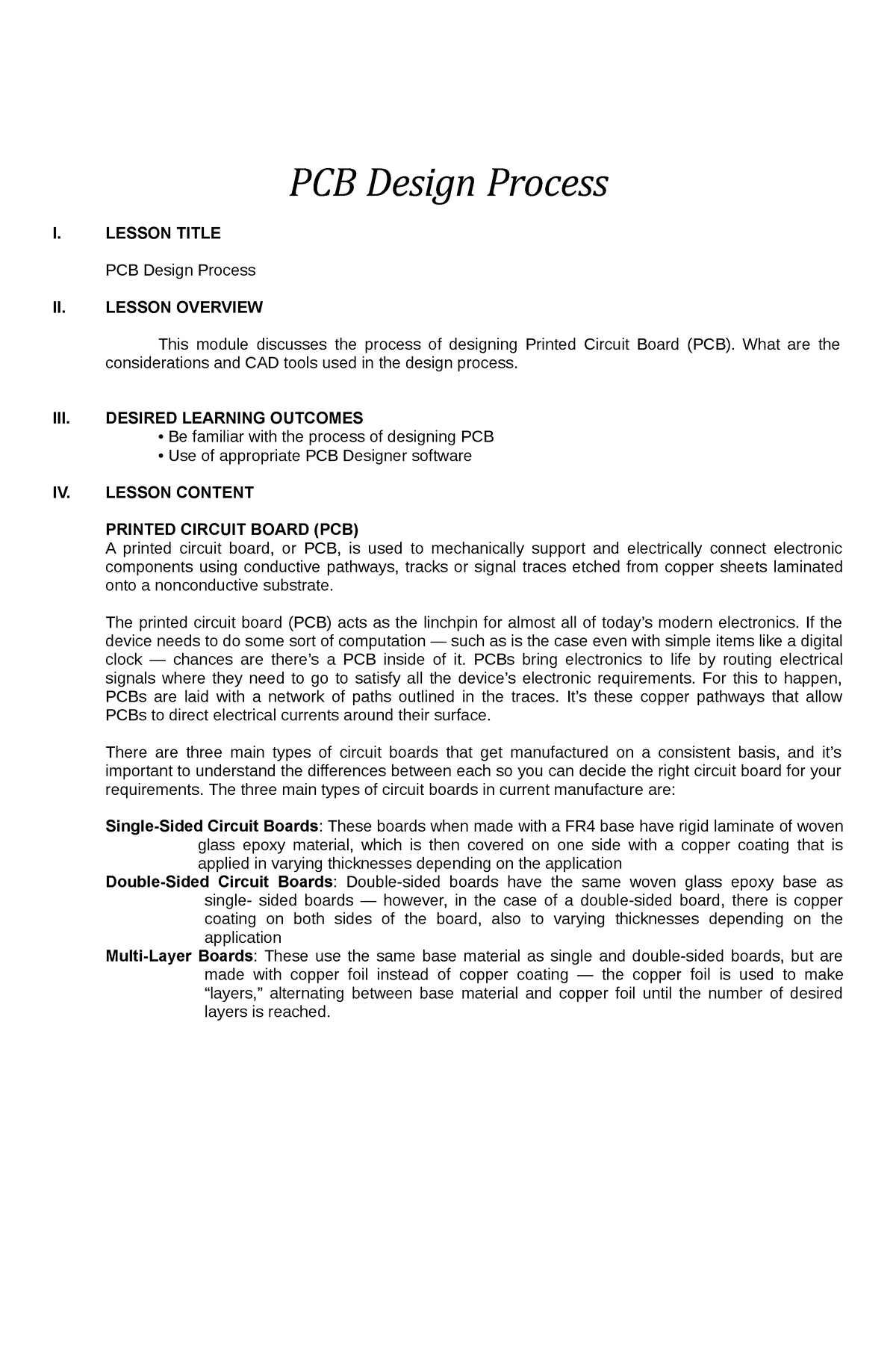 Module 8-PCB Design Process - PCB Design Process I. LESSON TITLE PCB ...