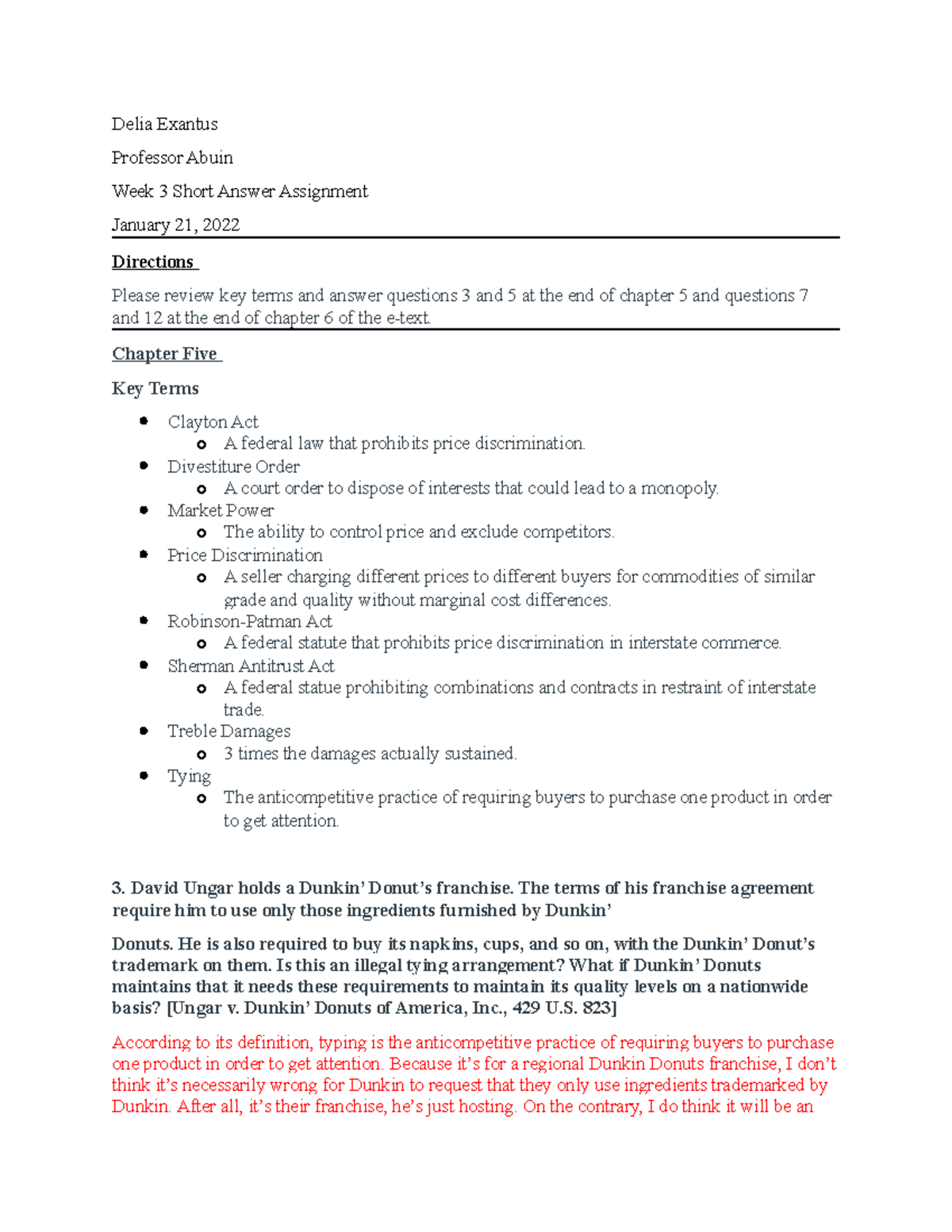 Week 3 Short Answer Assignment - Delia Exantus Professor Abuin Week 3 ...