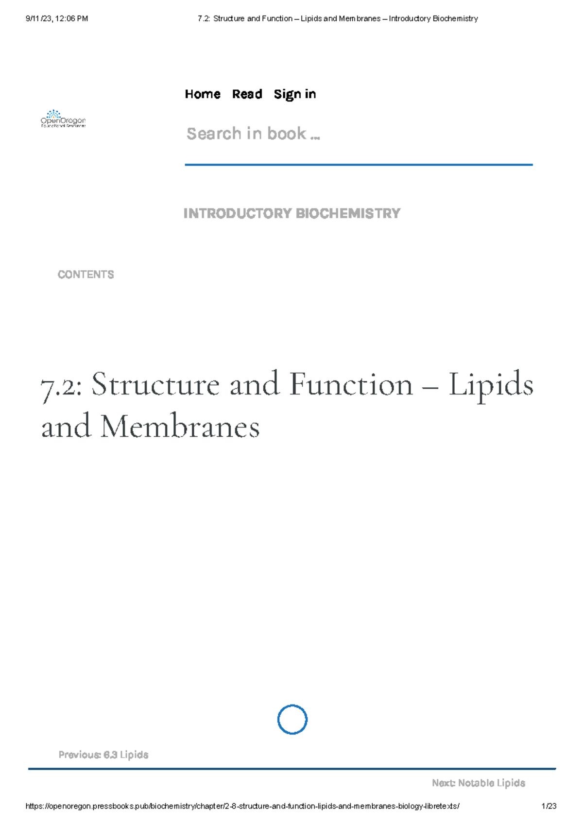 Lipids and Membranes Introductory Biochemistry Home Read Sign in
