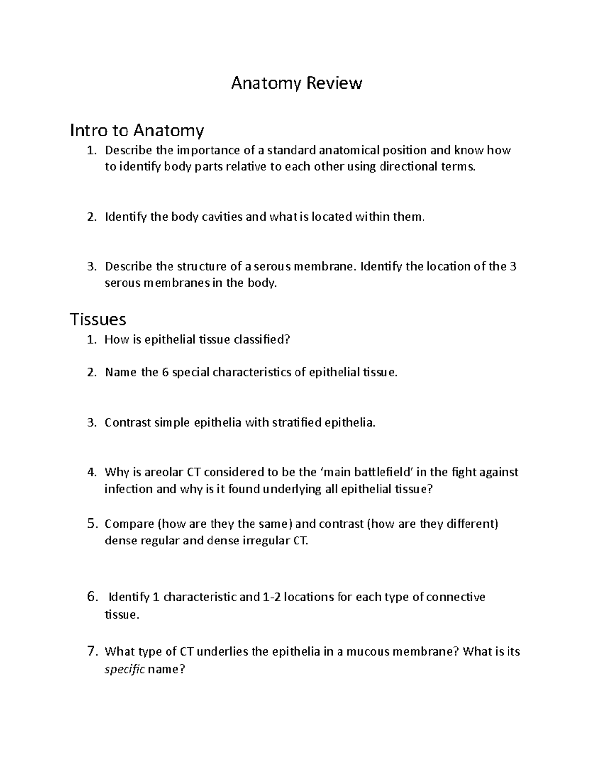 Anatomy Review - Anatomy Review Intro to Anatomy Describe the ...