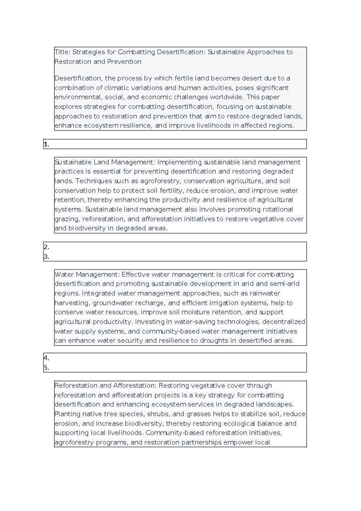 A 2500 character paper on desertification control - Title: Strategies ...