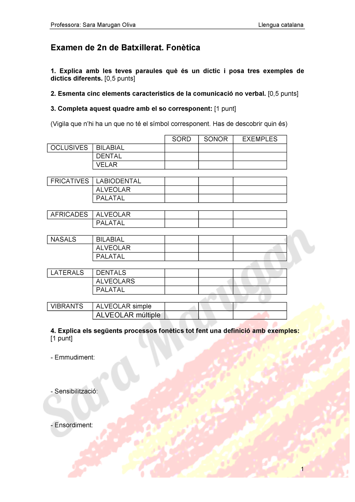 1. Examen 2n De Batxillerat. Fonètica (model A) + Solucions - Examen De ...