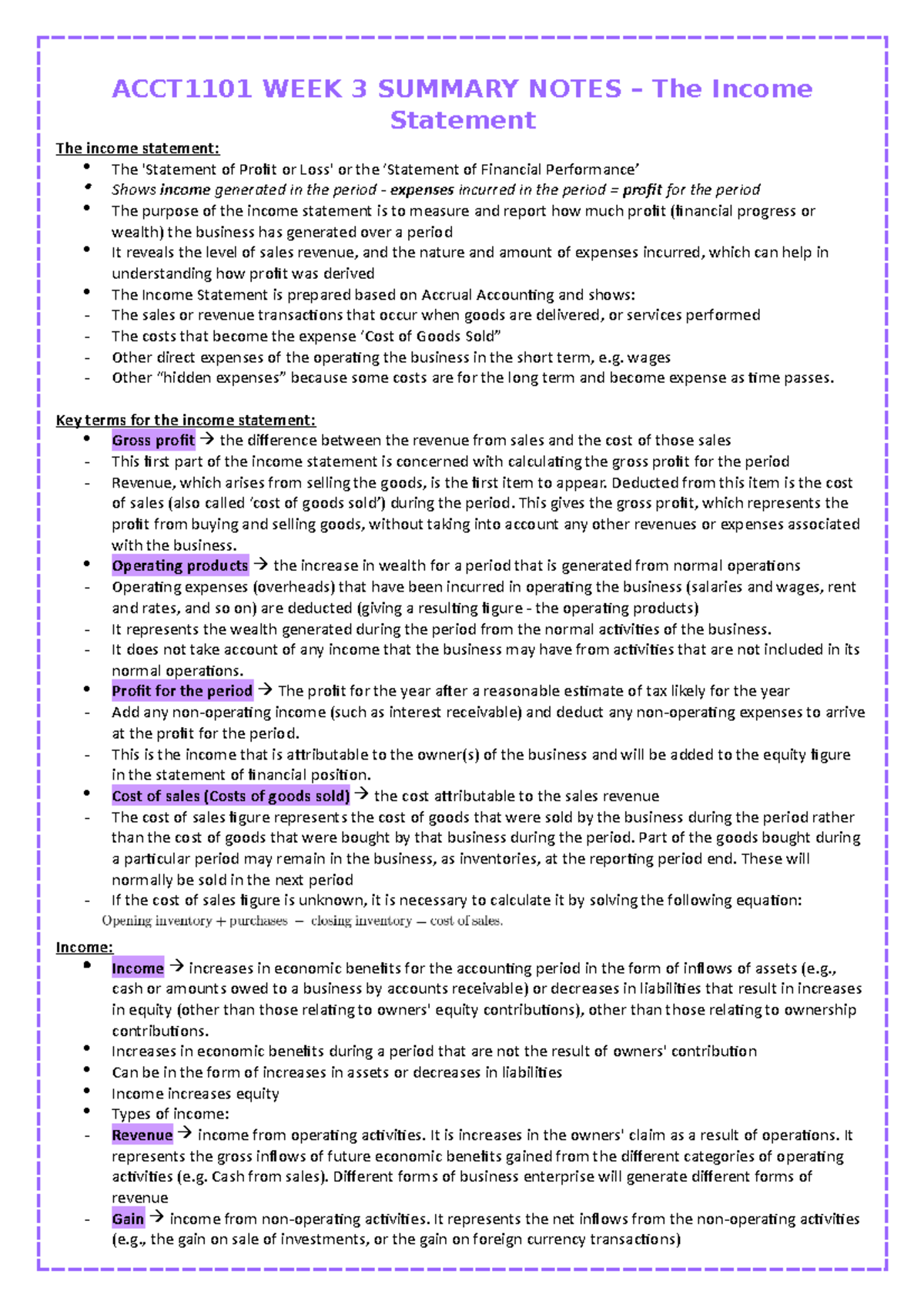 ACCT1101 WEEK 3 Summary Notes - ACCT1101 WEEK 3 SUMMARY NOTES – The ...
