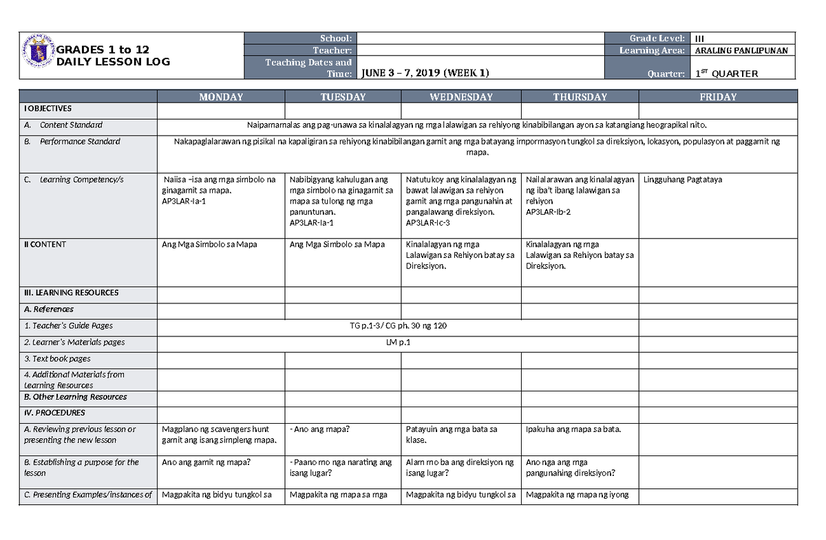 DLL Araling Panlipunan 3 Q1 W1 - GRADES 1 to 12 DAILY LESSON LOG School ...