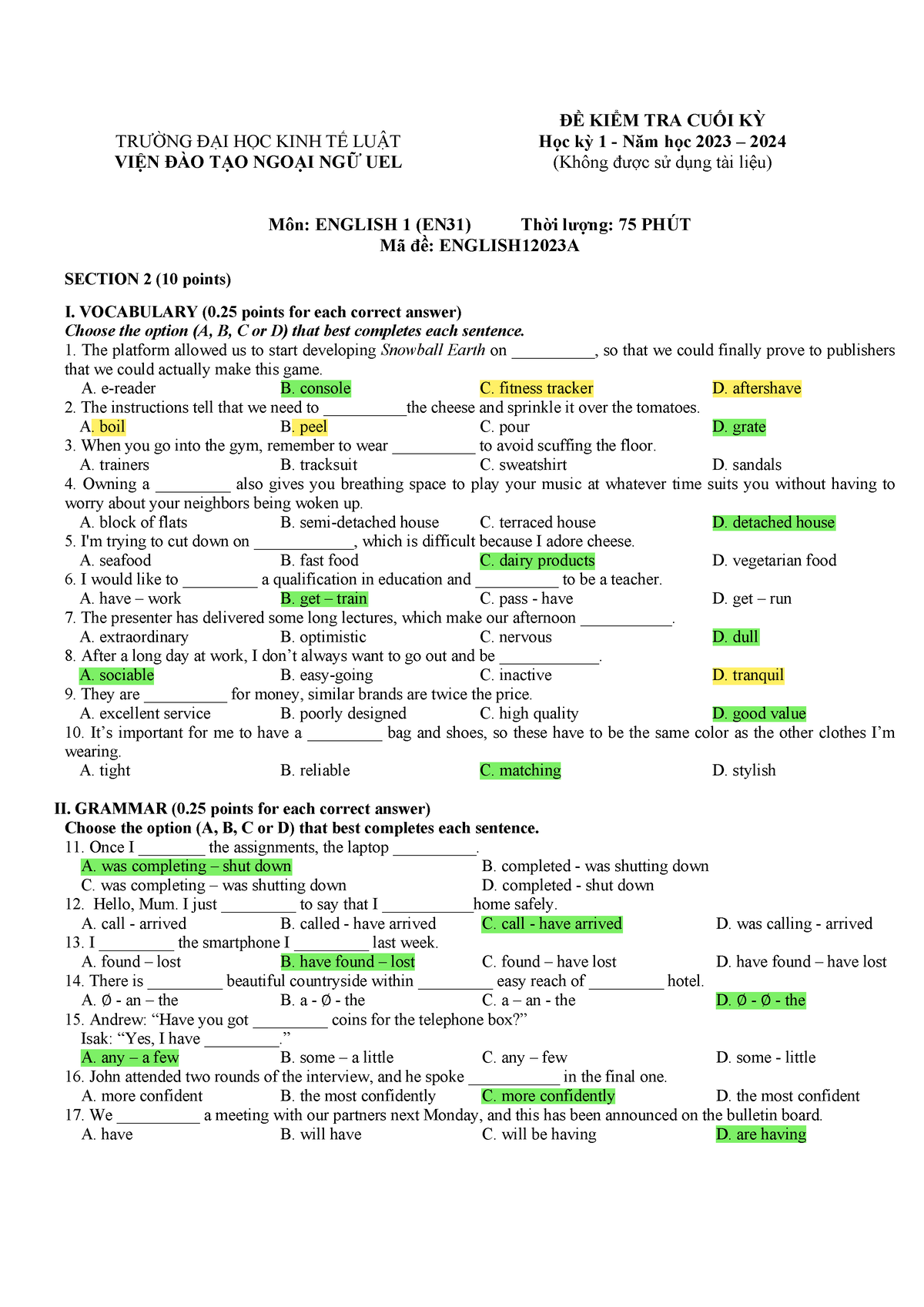 Mock test - Mock test for english 1 - TRƯỜNG ĐẠI HỌC KINH TẾ LUẬT VIỆN ...