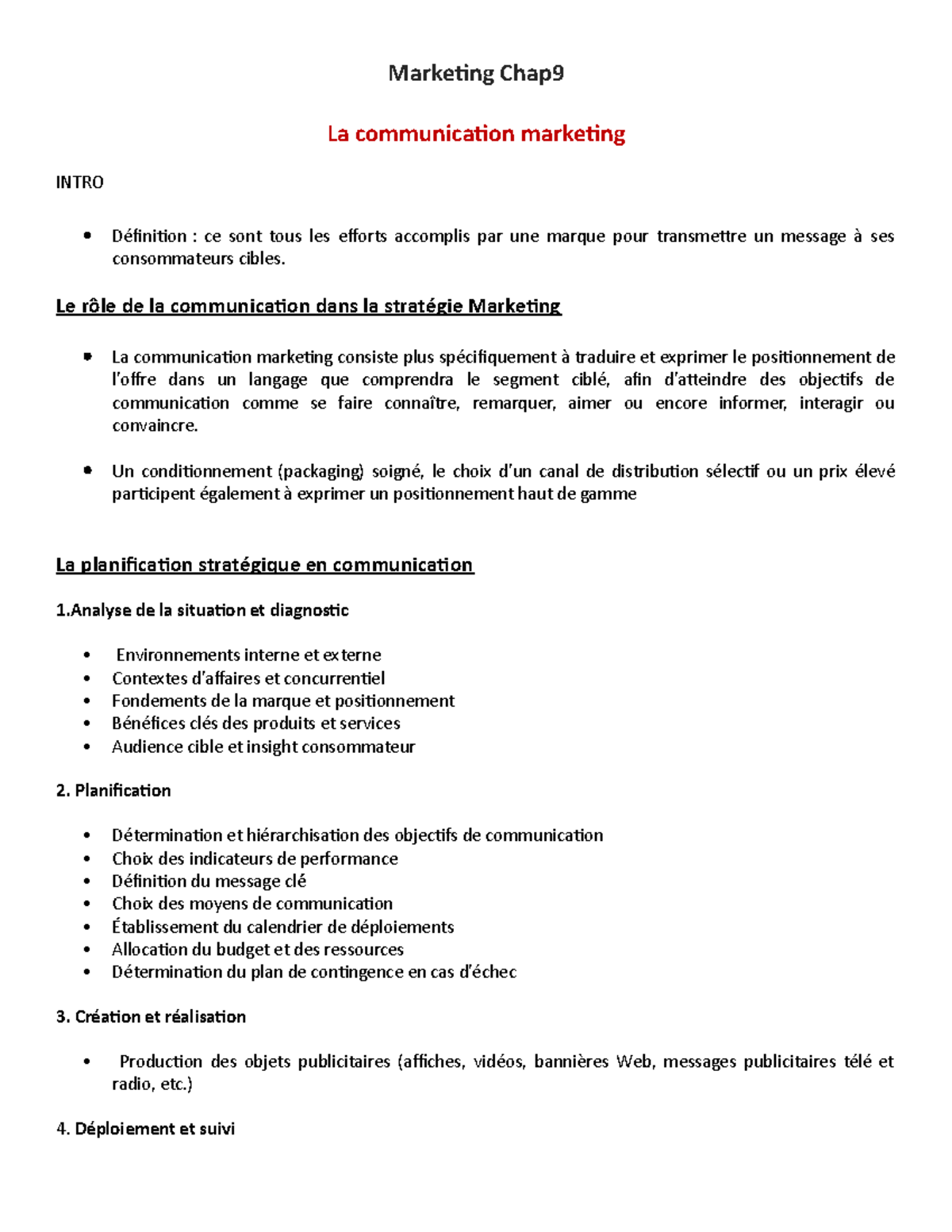 Marketing Séance 9 notes de cours Marketing Chap La communication