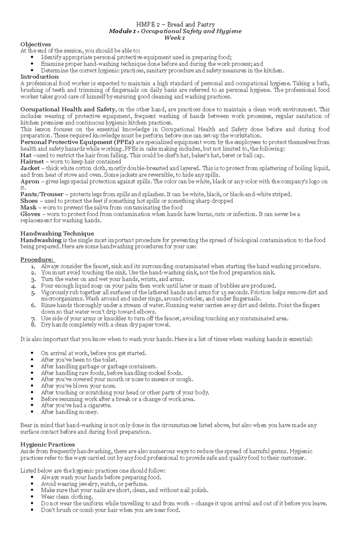 Bread and Pastry module 1 Introduction A professional food worker is