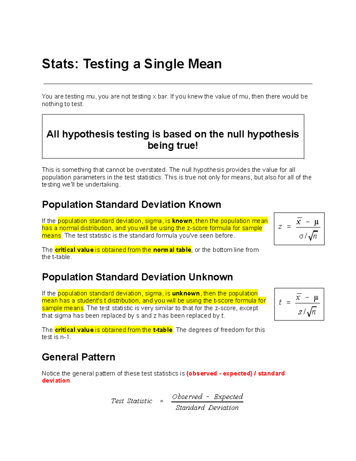 Testing of Means Statistics Lecture Notes Stats Testing a Single Mean You are testing mu