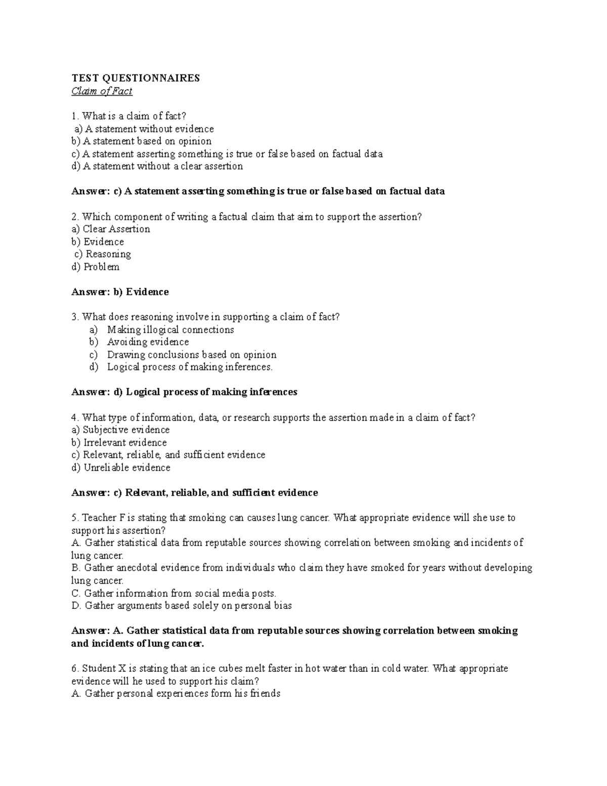 TEST Questionnaires - TEST QUESTIONNAIRES Claim of Fact What is a claim ...