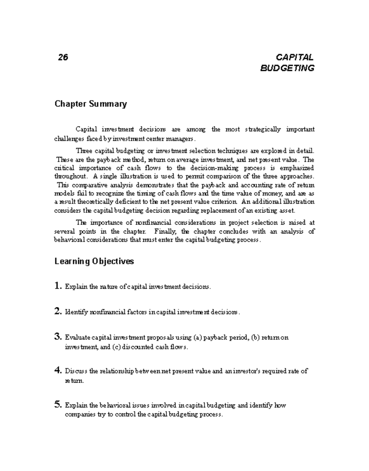IMChap 026-student - homework - 26 CAPITAL BUDGETING Chapter Summary ...