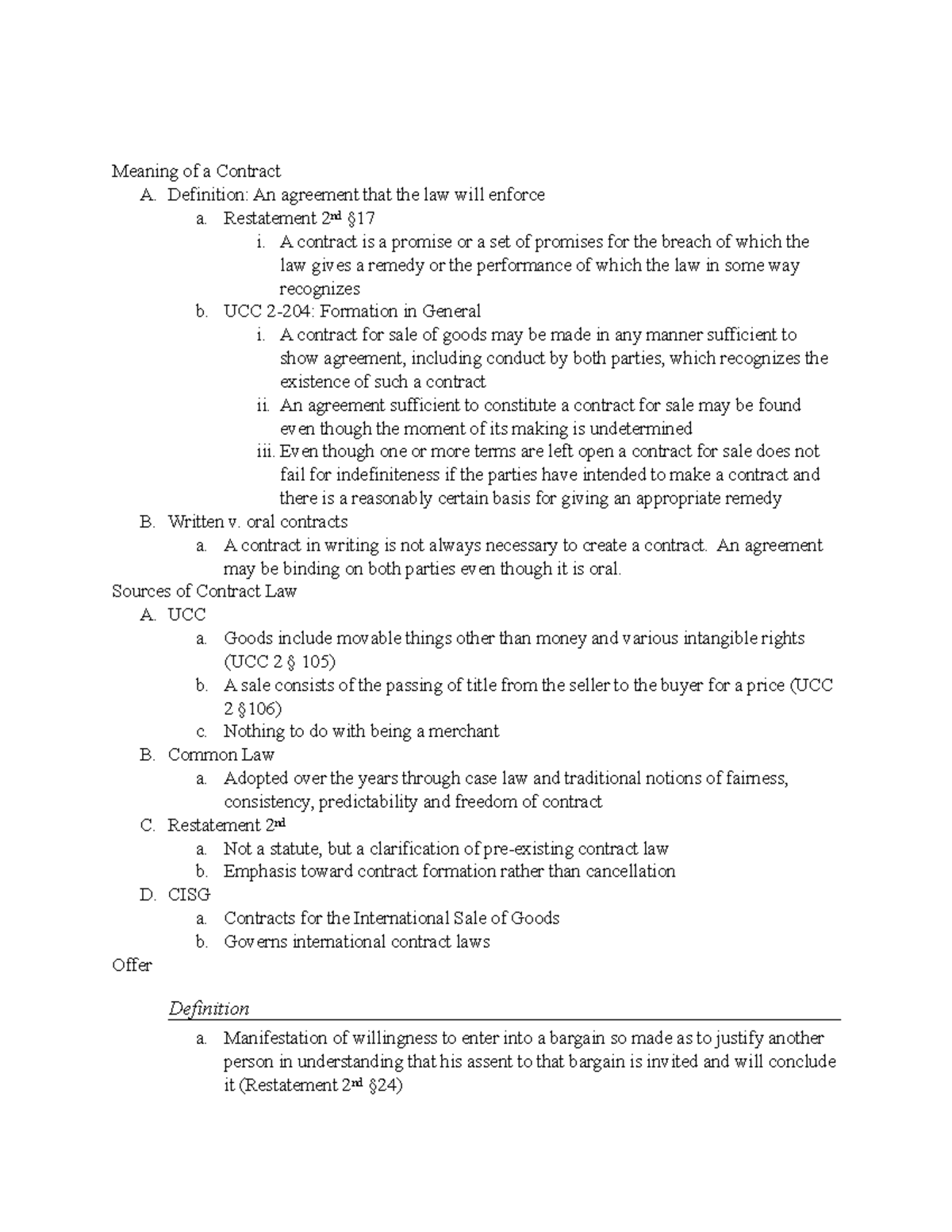 Contracts I Offer Acceptance Chapter 1 Meaning Of A Contract A 