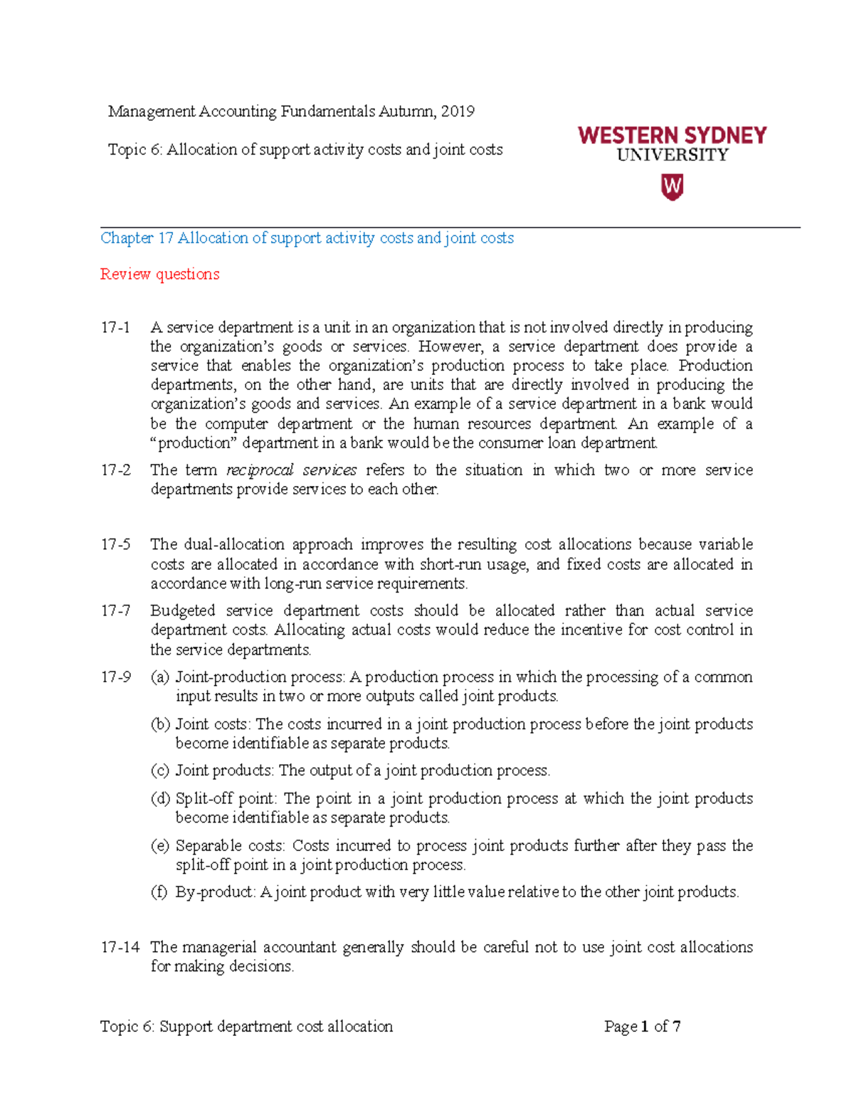 Topic 6 Support department cost allocation - Management Accounting ...